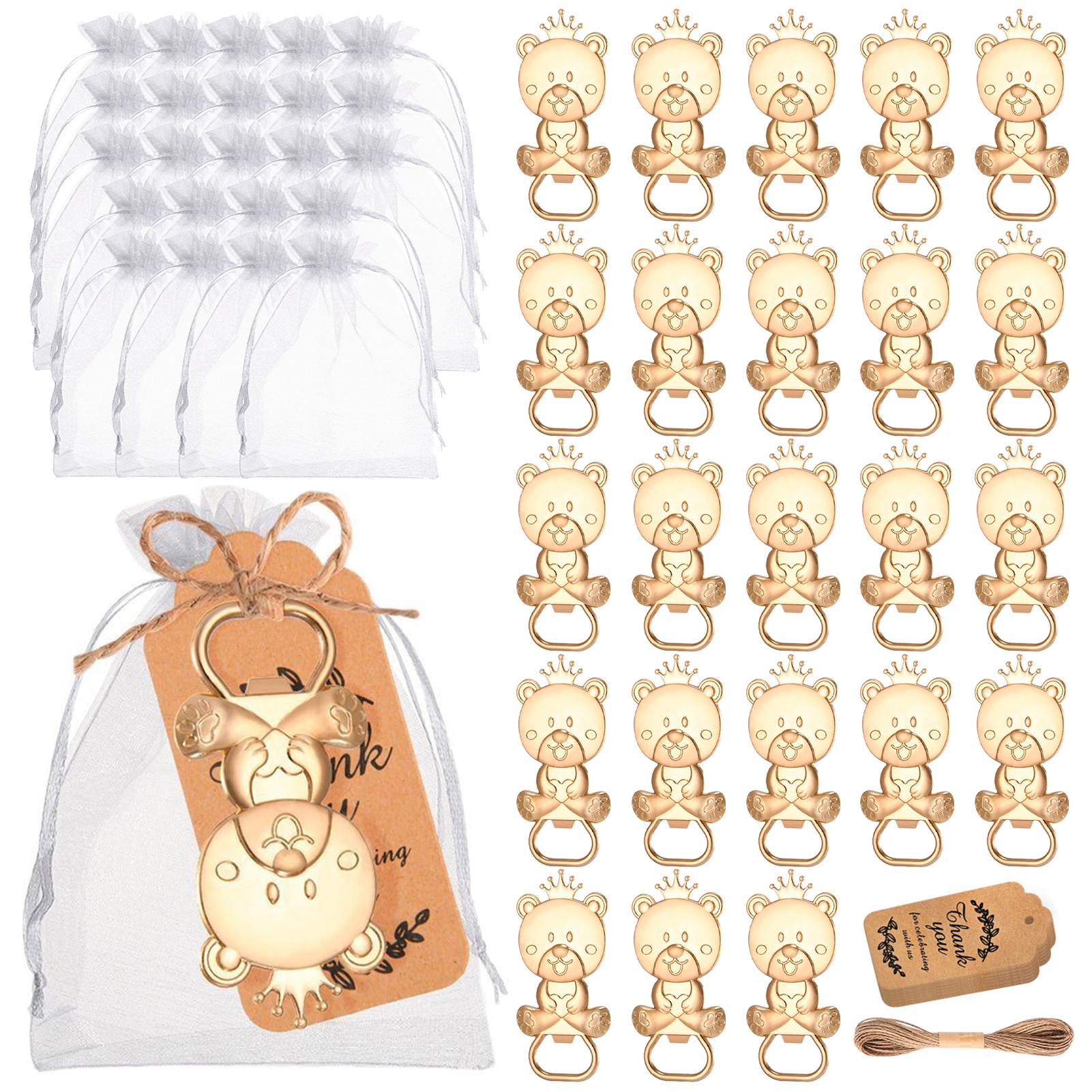 Set Aus 24 Eleganten Und Originellen Partygeschenken, Hochzeitsandenken: Flaschenöffner Und Bären-schlüsselanhänger.