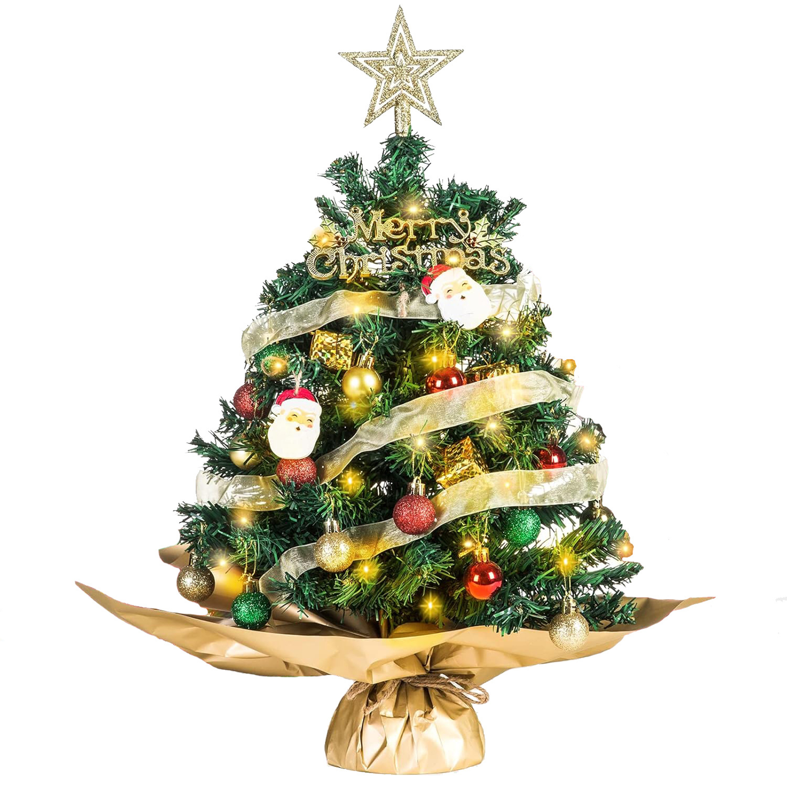 Künstlicher Mini-weihnachtsbaum Mit Lichterkette, 45 Cm (17,7 Zoll), Tischdekoration Mit Stern, Dunkelgrün, Für Zuhause Und Feiern In Innenräumen.
