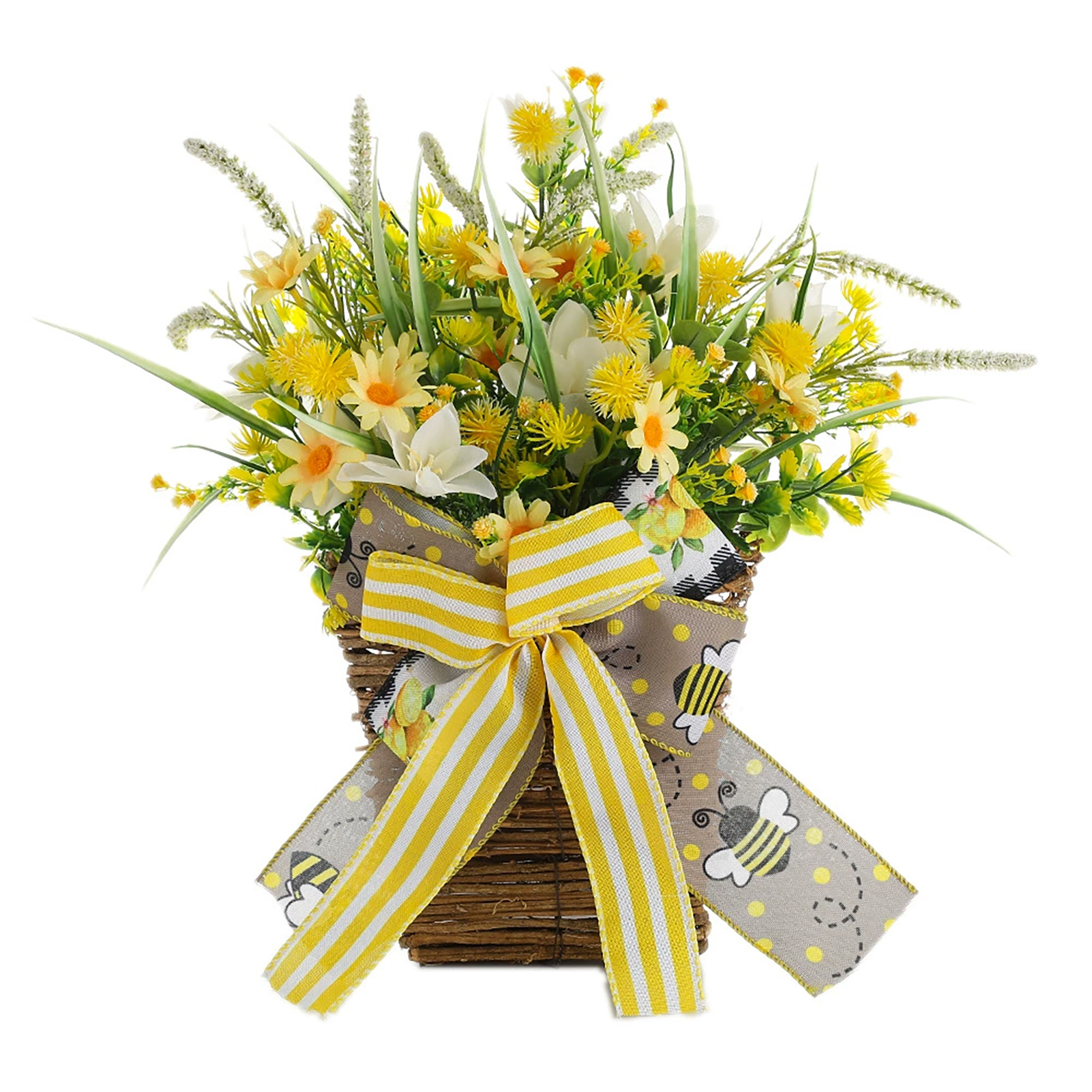 Künstlicher Blumenkorb Mit Schleife Und Biene, Ideal Für Frühling Und Sommer. Wanddekoration Für Zuhause.
