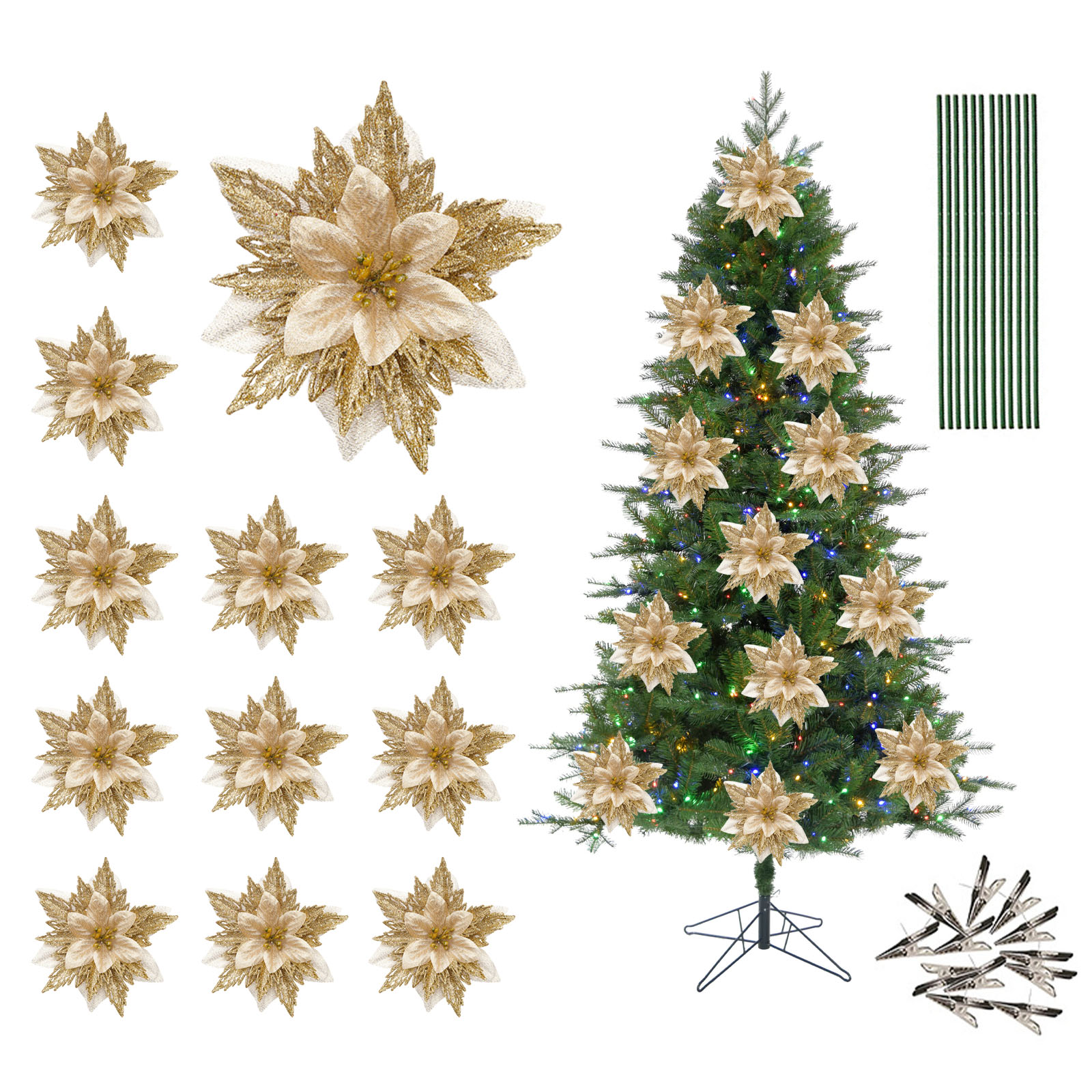 Set Mit 12 Künstlichen Goldenen Weihnachtsbaumblüten, Inklusive Stielen Und Clips.