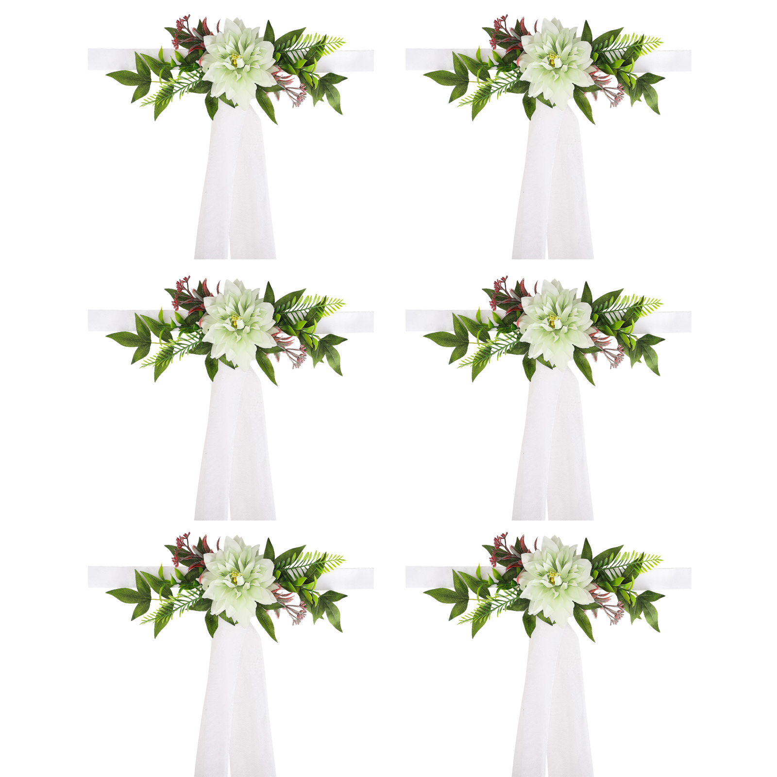 Set Mit 6 Stuhldekorationen Für Hochzeiten, Verziert Mit Künstlichen Blumen Und Grünpflanzen. Dekoration Für Den Brautgang.