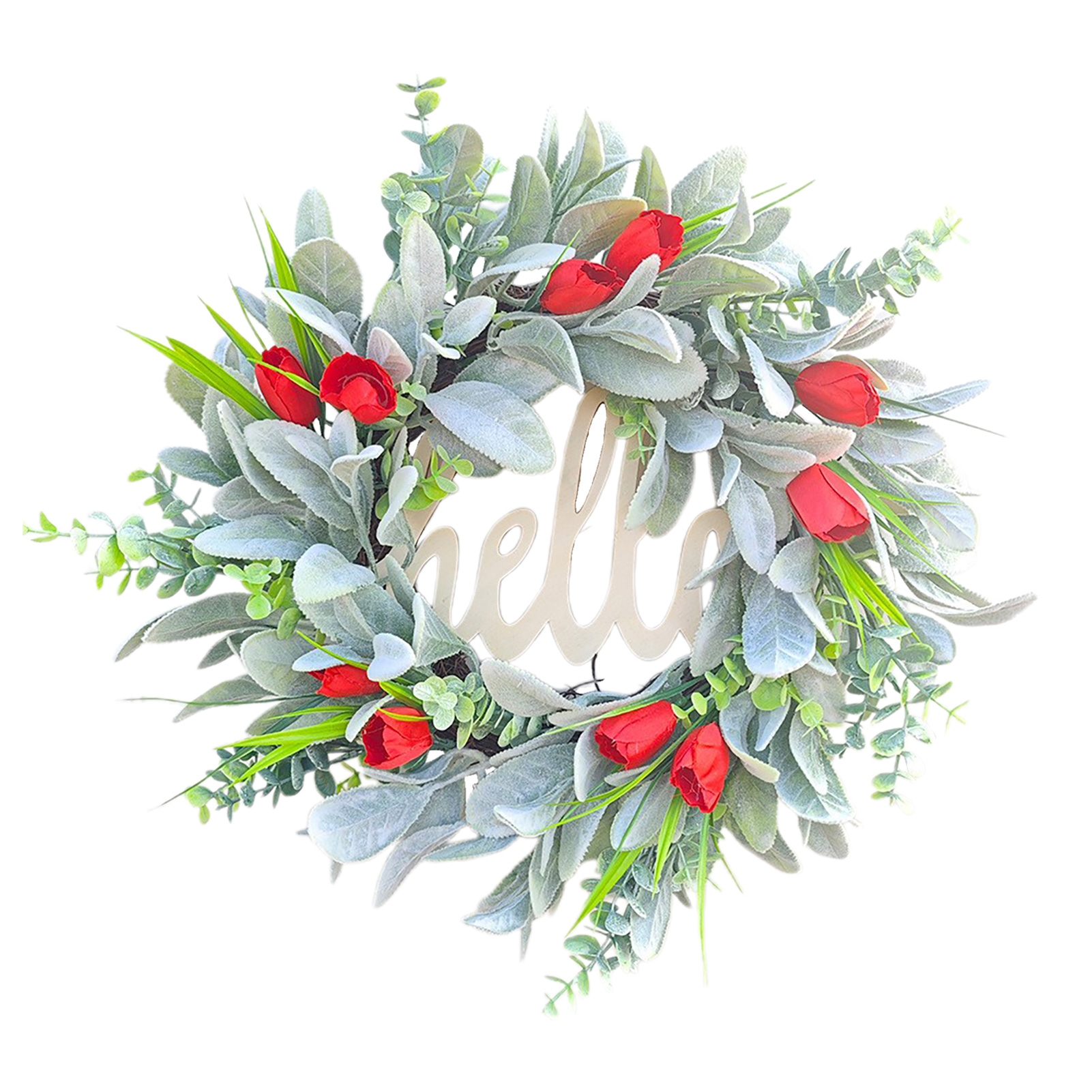 Frühlings- Und Sommerblumenkranz, Künstliche Tulpenverzierung, „hallo“-buchstabendekoration, Künstliche Lammohren, Muttertagskranz