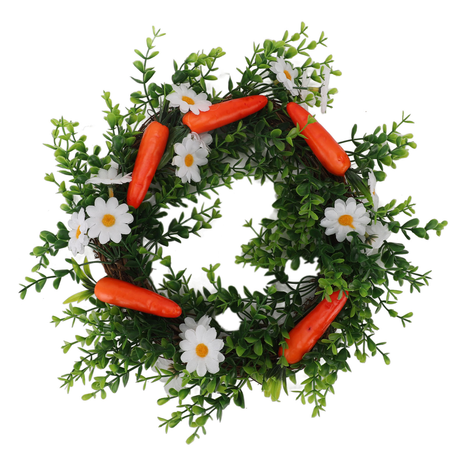 Kranz Aus Künstlichen Karotten, Blumen Und Grünen Blättern, Ideal Für Die Wanddekoration Im Frühling Und Sommer.