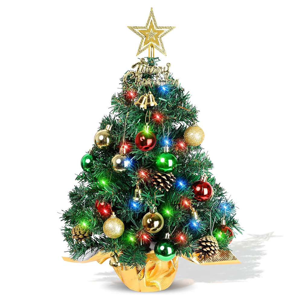 Set Aus 60 Cm Hohen Künstlichen Mini-weihnachtsbäumen, Kleine Tischbäume Mit Lichterketten, Sternen, Baumkronenschmuck, Kugeln, Glöckchen Und Tannenzapfen. Weihnachtsdekoration