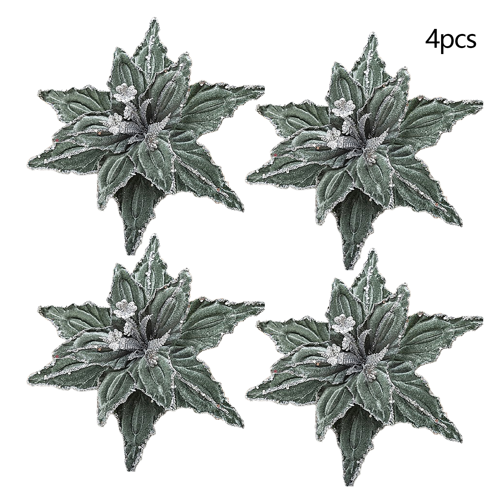 4 Künstliche Samtblumen, 26 Cm, Glitzernde Baumschmuckstücke Für Festivals, Partys, Hochzeiten, Grün
