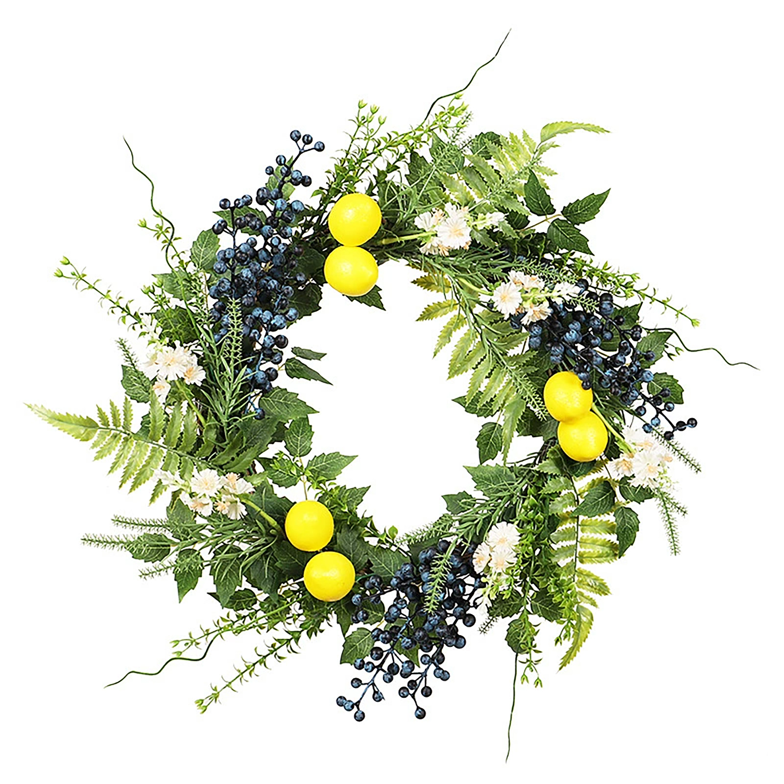 Künstlicher Frühlingskranz Mit Zitronen Und Heidelbeeren (ohne Beleuchtung) – Sommerblumen, Heidelbeeren Und Eukalyptusblätter. Frühlingskranz Mit Gänseblümchen Für Die Haustür.