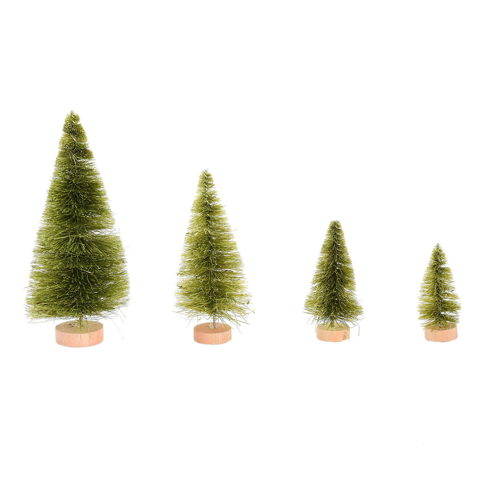 Set Aus 4 Künstlichen Grünen Tischweihnachtsbäumen Mit Kleinem Holzsockel, Für Eine Winterlandschaft Oder Eisenbahndekoration.