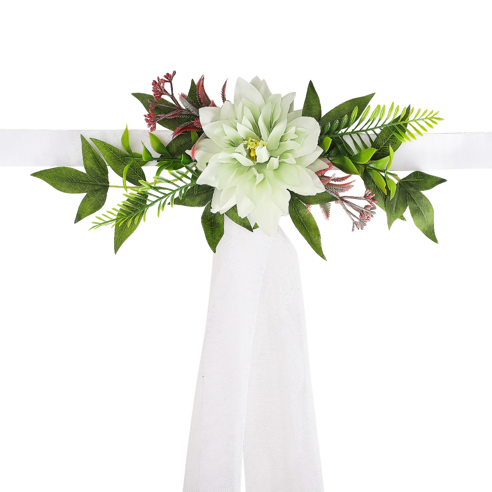 Sonderanfertigungen Sind Ab 60 Stück Möglich. Stuhldekoration: Künstliche Grüne Blumen + 1,5 X 1 M Netzgewebe (set Mit 6 Stück In Einer Box: 6 Blumen + 6 Netzgewebestücke).