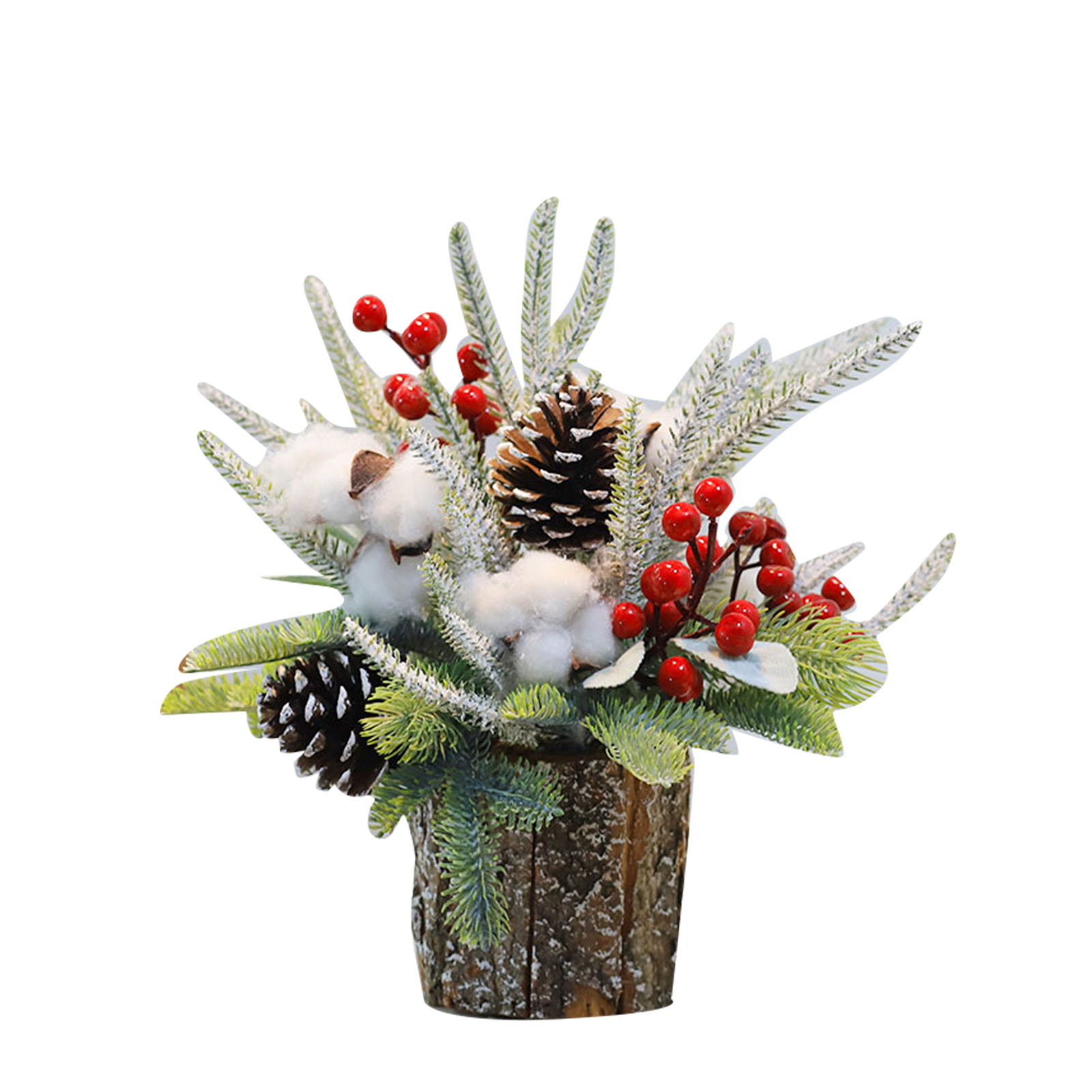 Weihnachtliche Tischdekoration Aus Tannenrinde, Holzfass, Künstlicher Baumwollstrauß, 35 Cm, Für Zuhause, Hotel Oder Büro.