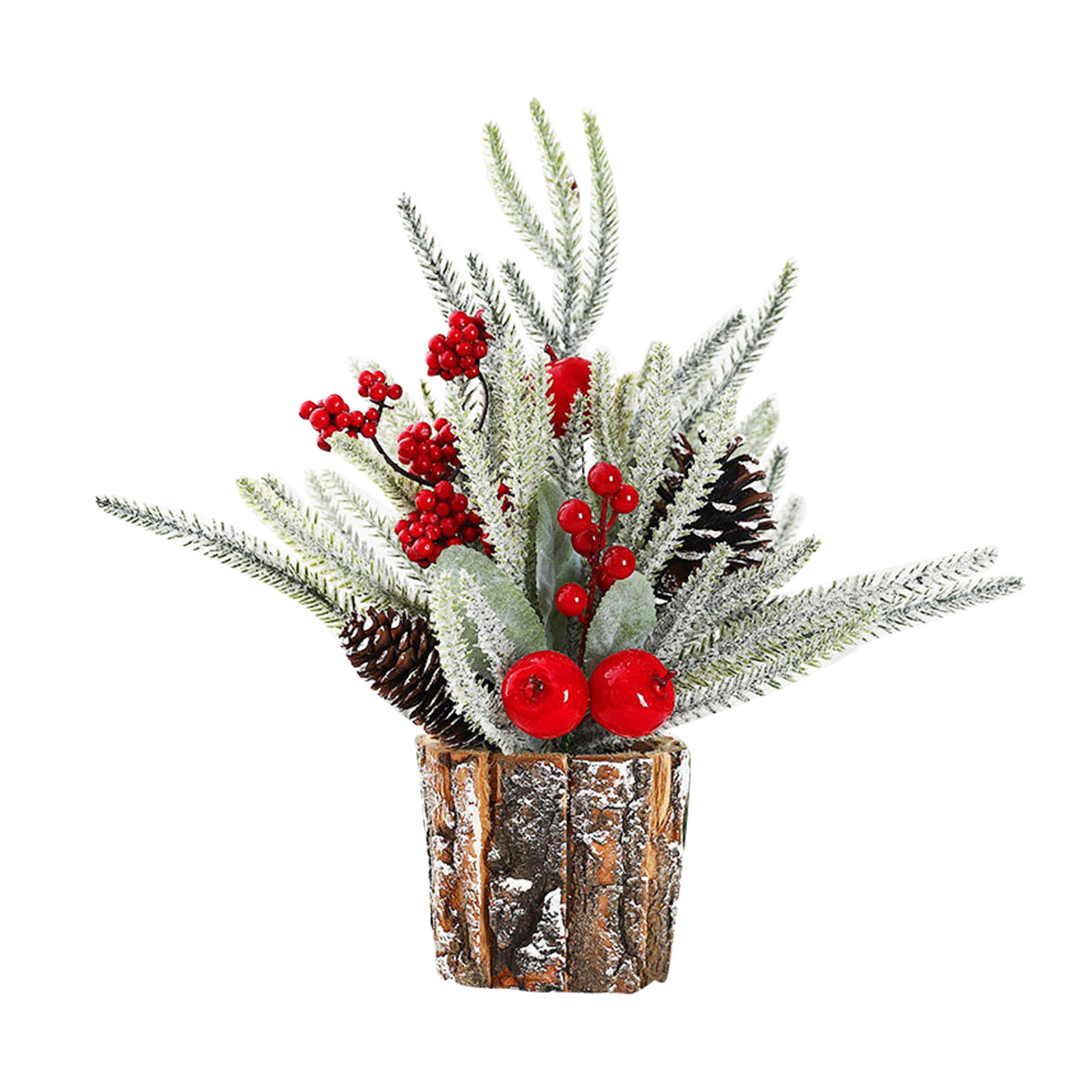 Tischdekoration Aus Holz Mit Weihnachtlicher Tannenrinde, 35 Cm Künstlichem Blumenstrauß, Roten Beeren, Für Zuhause, Hotel Oder Büro.