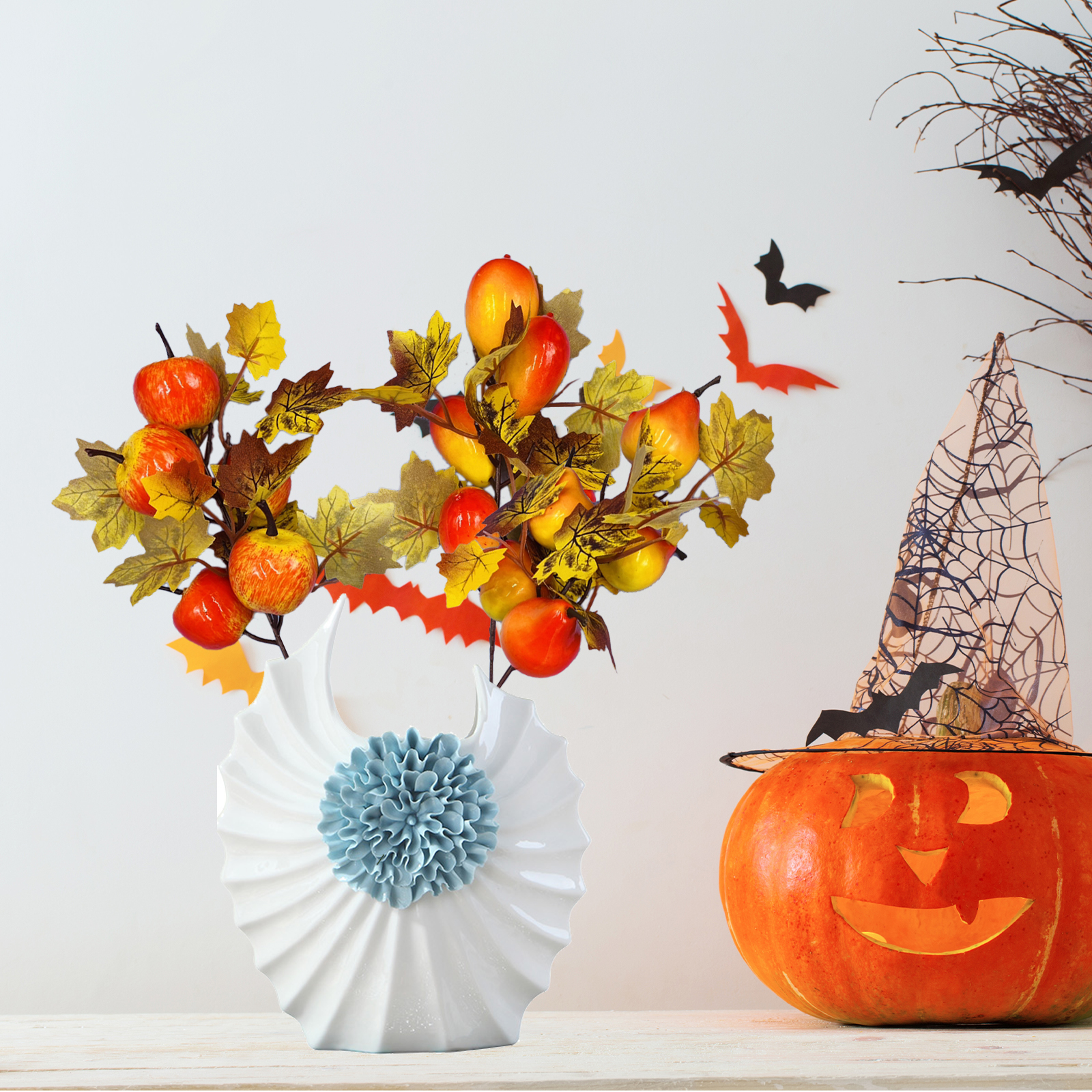 (3 Stück Pro Packung) (nach Gewicht) Herbstliche Zweige Mit Blumen, Kürbissen Und Ahornblättern, Ideal Für Erntedankfest, Halloween Und Als Dekoration – 24 Cm Lange Granatapfelblütenzweige