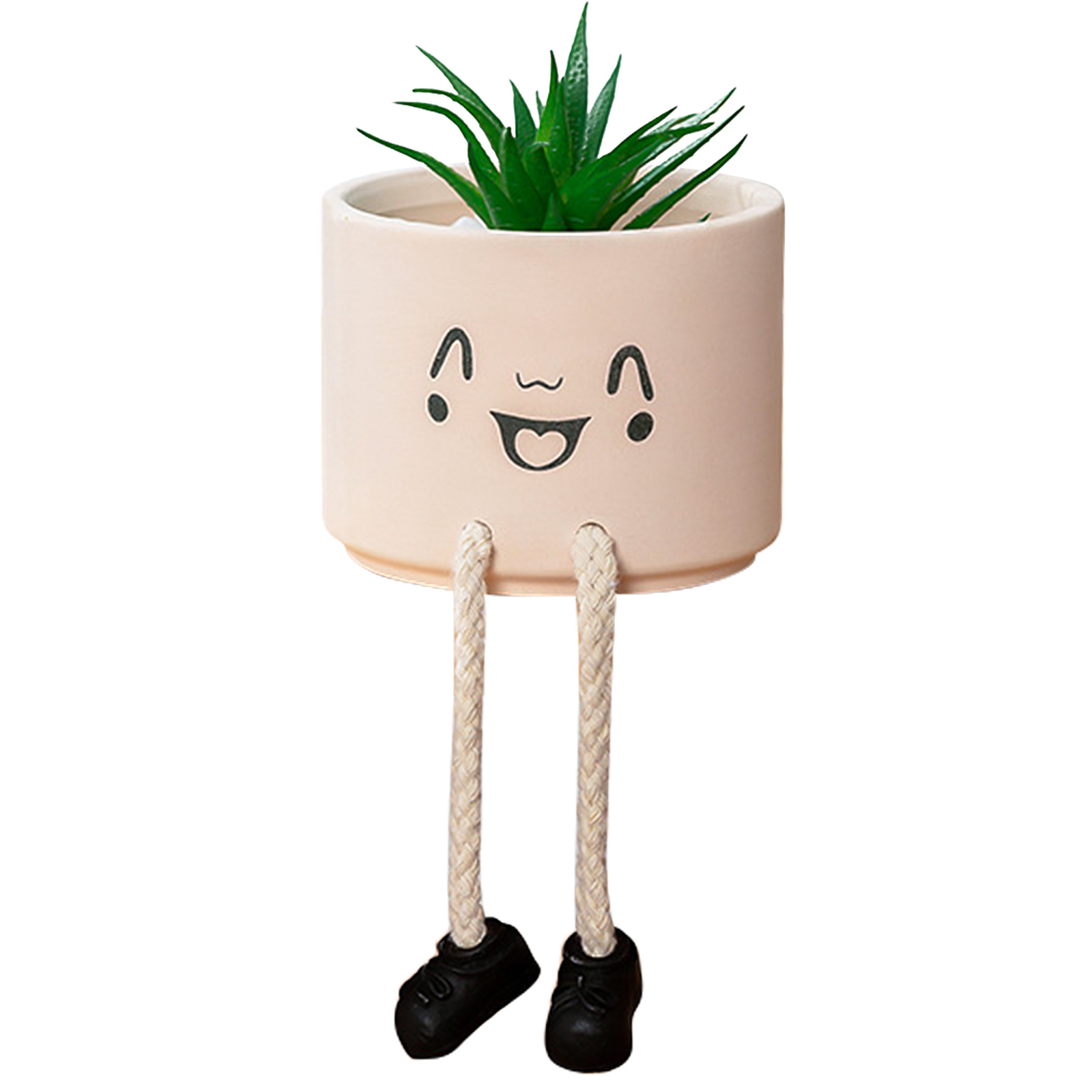 Kreativer Keramikblumentopf In Form Eines Emojis Mit Herabhängenden Beinen – Schüchternes Lächeln + Künstliche Aloe Vera Mit Dünnen Blättern