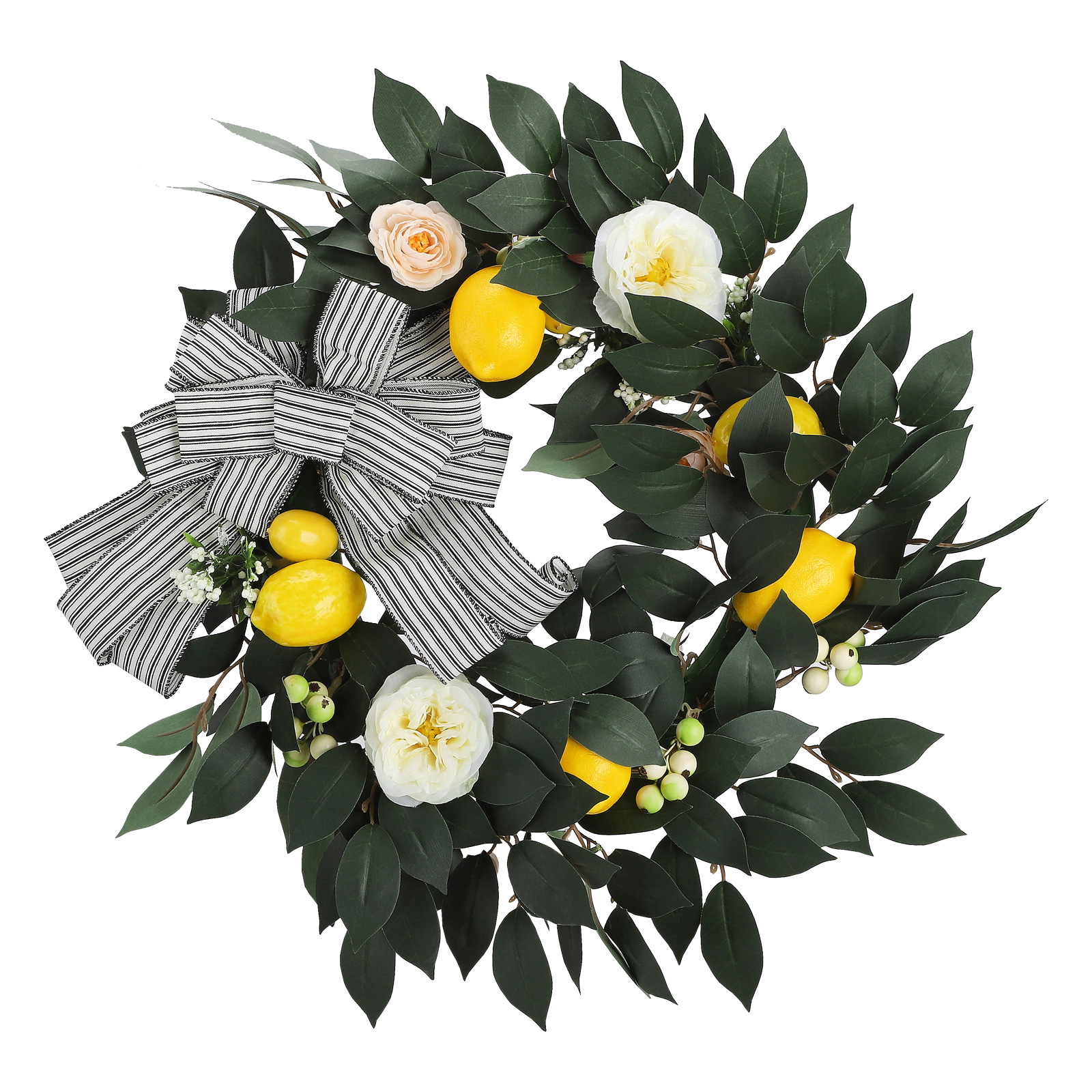 Sommerlicher, Zitronengelber Rosenkranz Für Die Haustür, Künstliche Frühlingsblumen, Grünkranz, Rustikaler Kranz Im Landhausstil