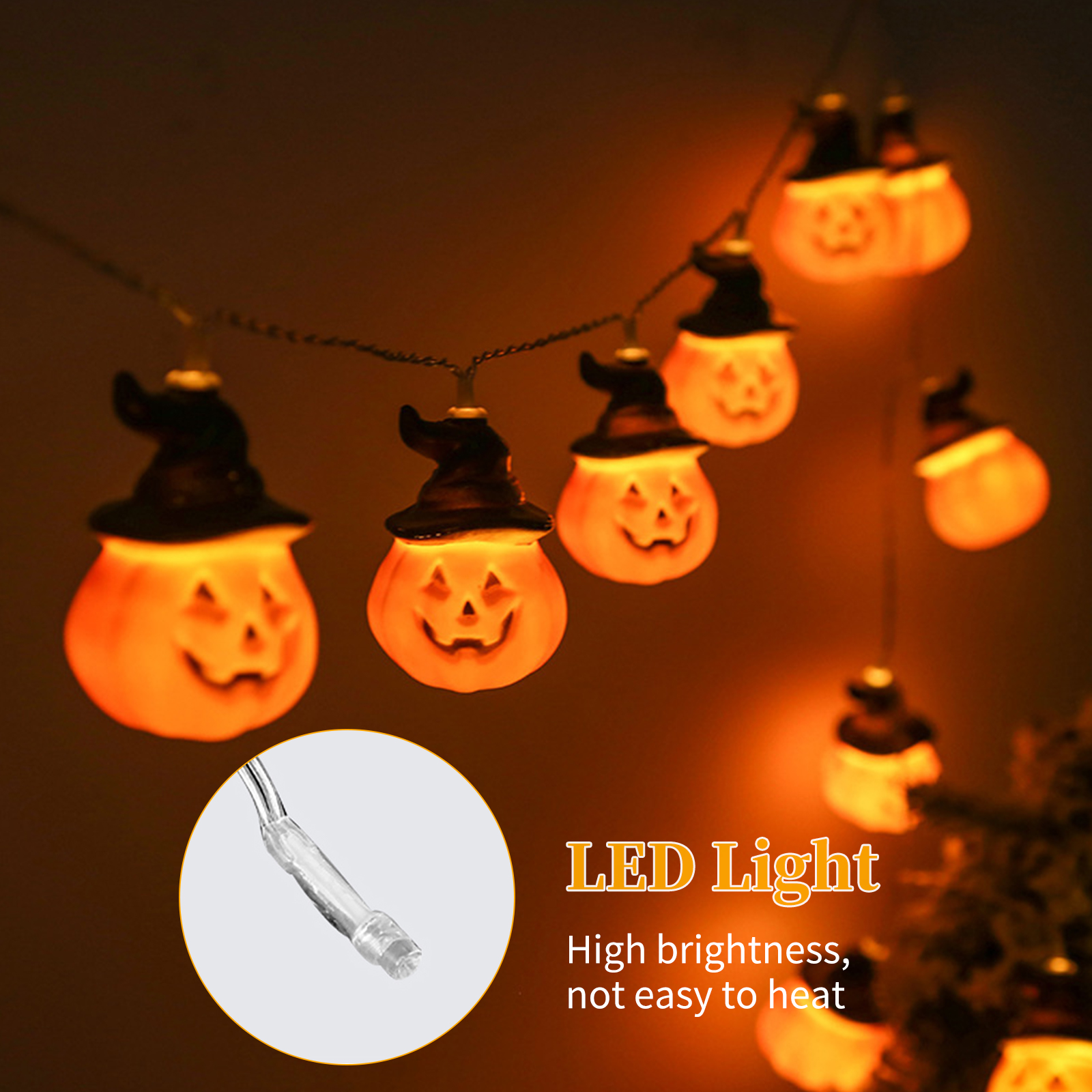 3 M Lange Halloween-kürbis-lichterkette Mit 20 Leds, Gruselige Hängende Kürbis-dekorationslichter, Wasserdicht, 8 Beleuchtungsmodi