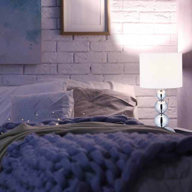 Relaxdays Tischlampe Kugeln, Nachttischlampe Mit Stoffschirm, Hxd: 50 X 25 Cm, E27, Tischleuchte Wohnzimmer, Silber/weiß