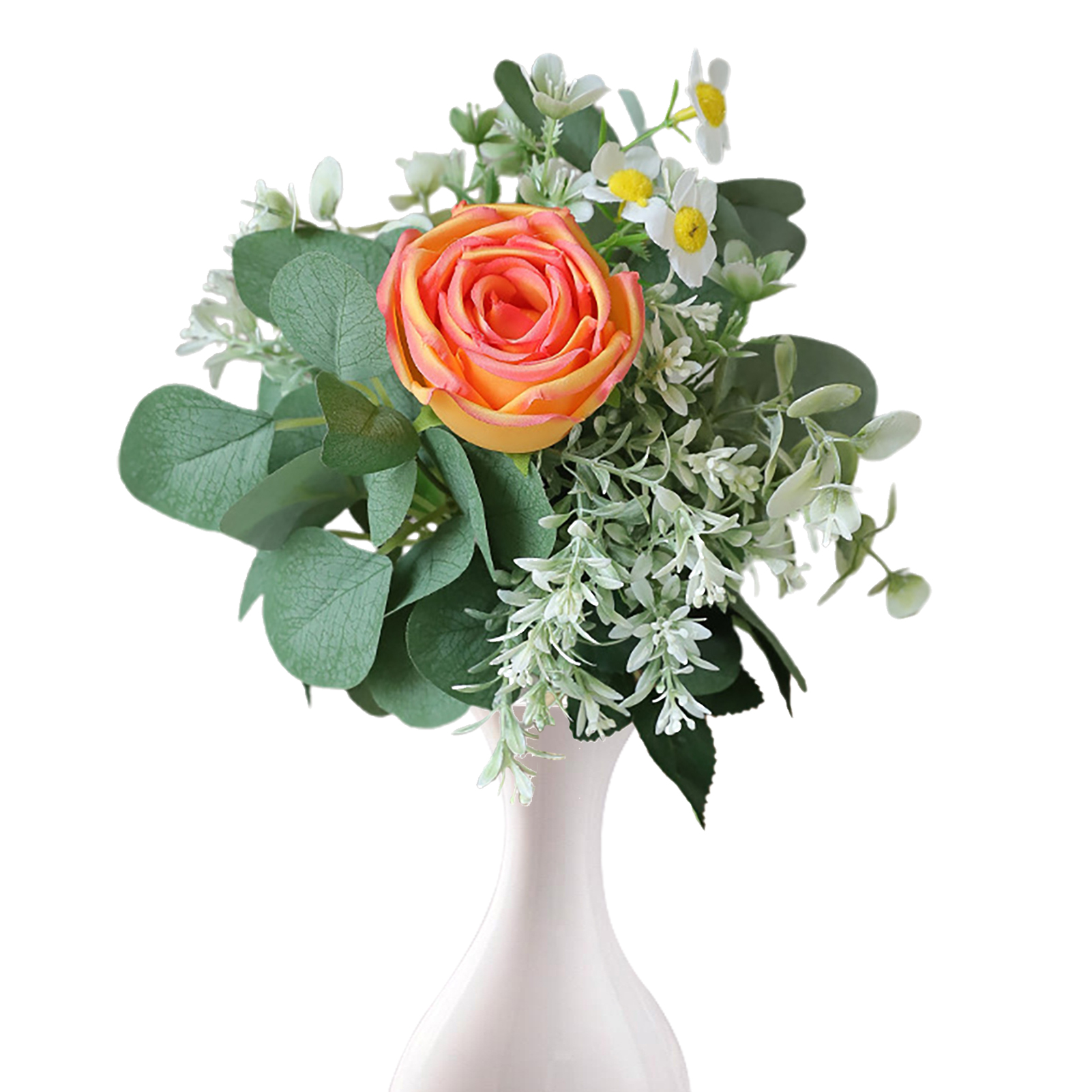 Künstlicher Strauß Orangefarbener Seidenrosen Mit Eukalyptusblättern, Künstliche Blumendekoration Für Wohn- Und Esszimmer.