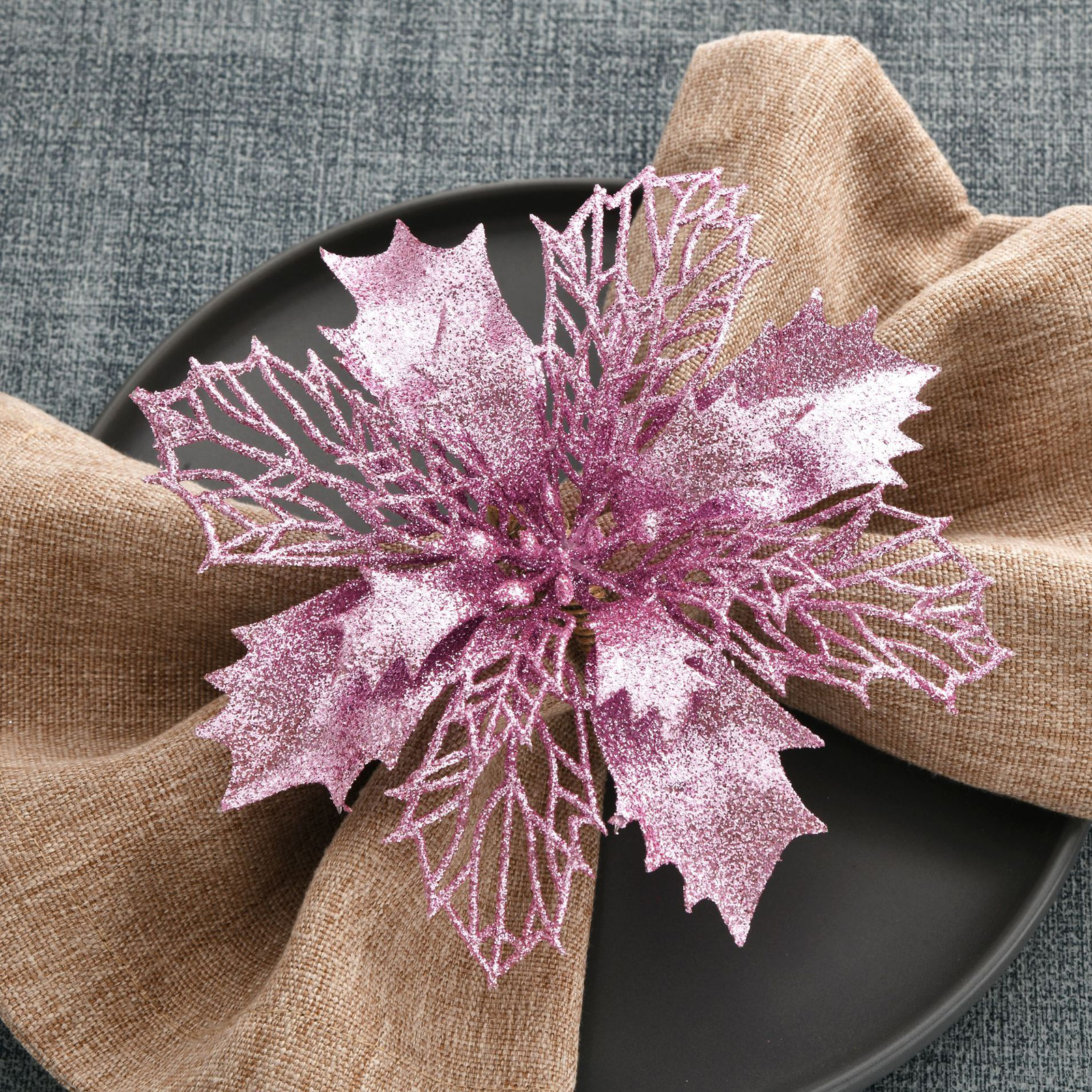 (1 Stück) (rosa) Weihnachtlicher Serviettenring Aus Stoff Mit Blumenmuster Und Knopf