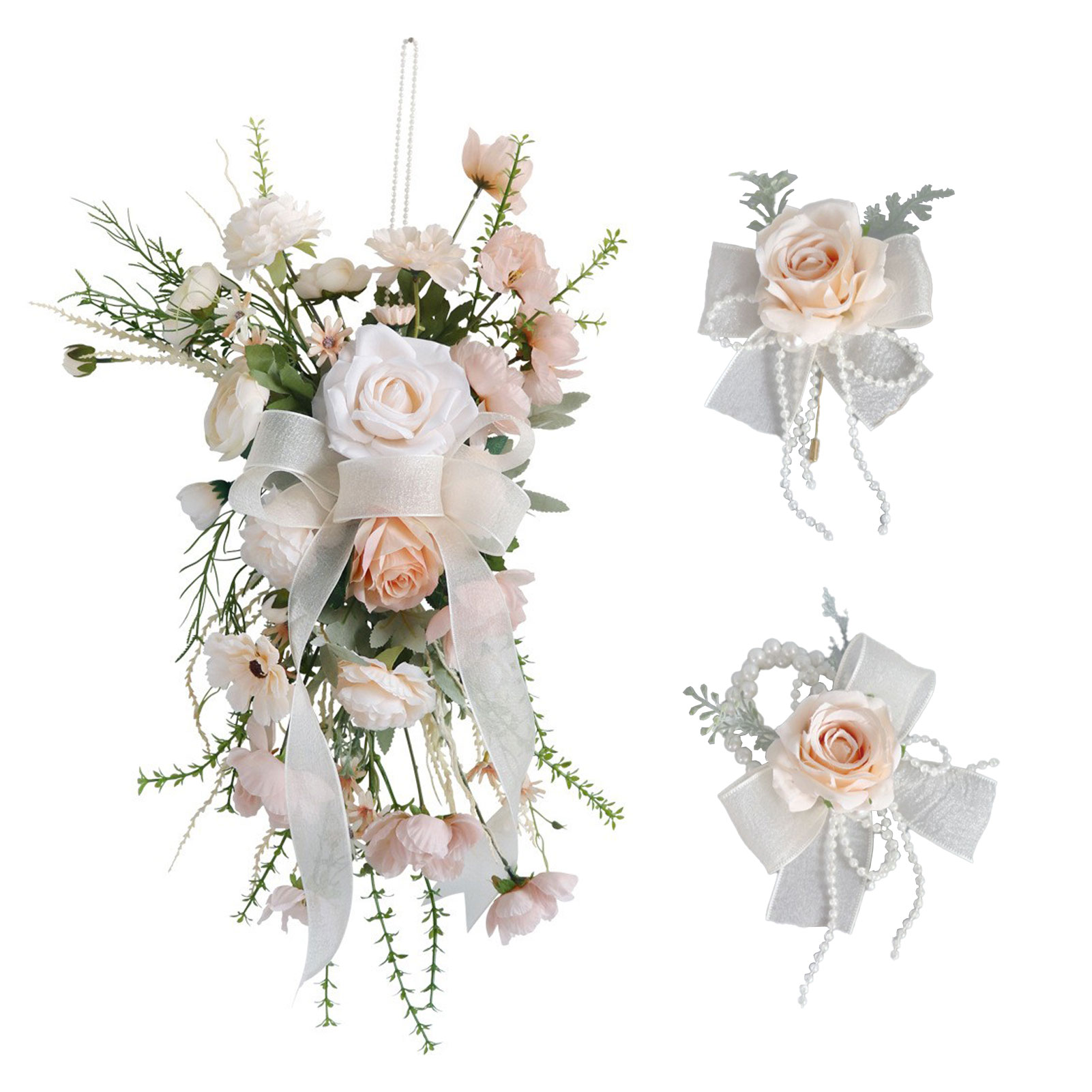 (brautstrauß + Ansteckblume + Armband Aus Künstlichen Blumen) 3-teiliges Hochzeitsset: Brautstrauß, Ansteckblume, Blumenarmband, Partyaccessoires, Künstliche Blumen