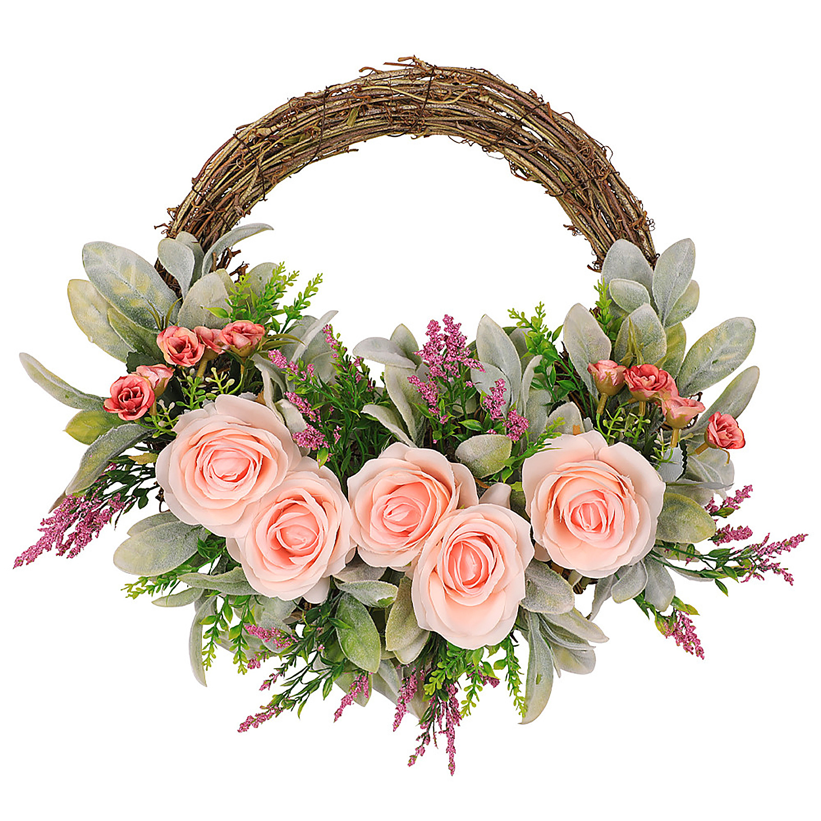 40 Cm Großer Frühlingsblumenkranz, Dekorativer Frühlings-/sommerkranz Mit Hasenohrförmigen Blättern, Künstlichen Rosen Und Wanddekoration Aus Synthetischem Rattan.