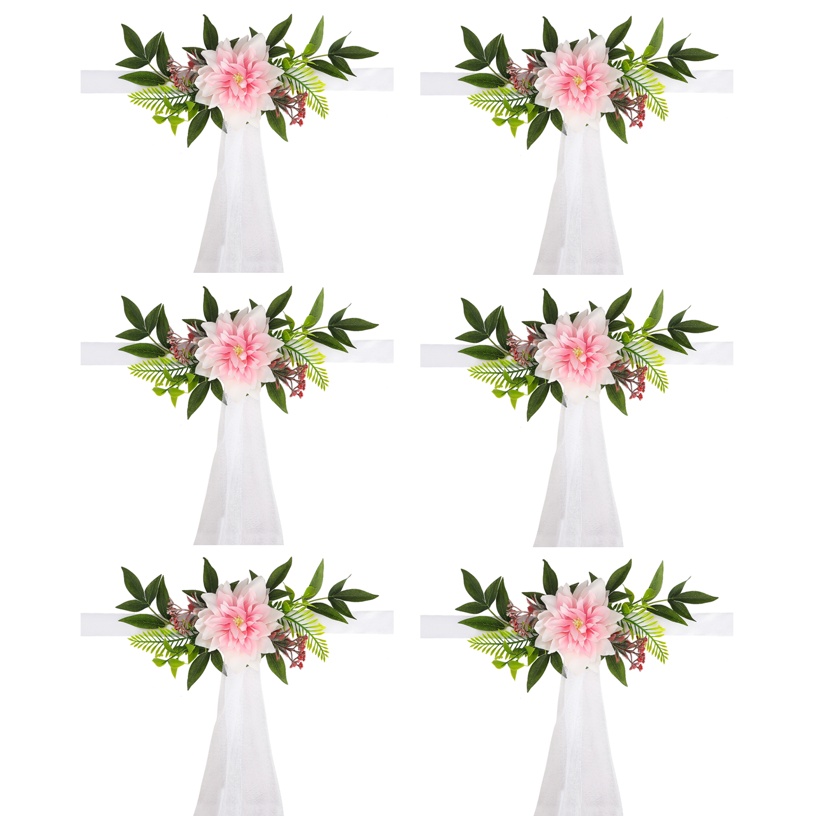 Set Mit 6 Stuhldekorationen Für Hochzeiten, Verziert Mit Künstlichen Blumen Und Rosa Blättern.