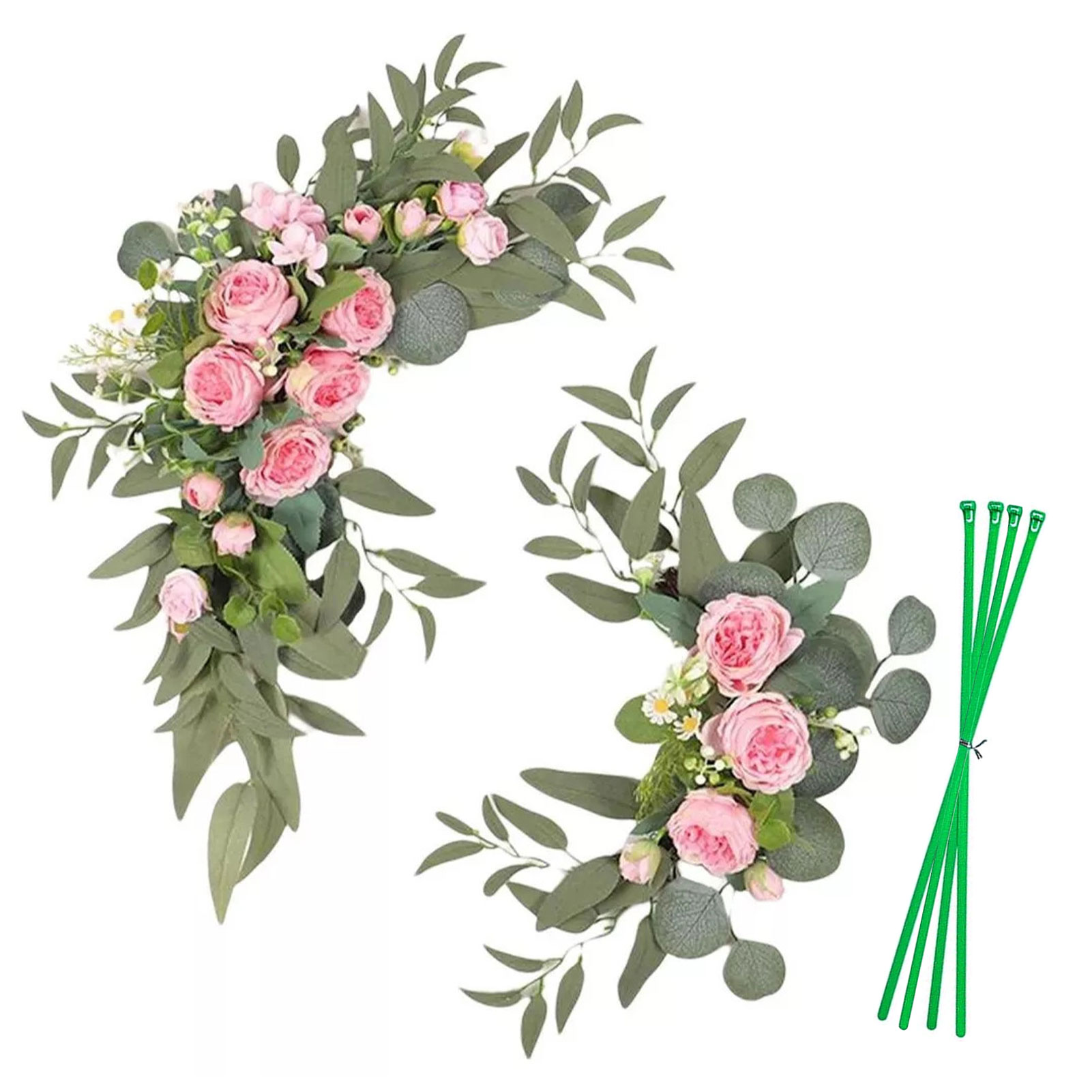 Hochzeitsbogen (rosa) - Blumenarrangement (großes Blumenarrangement: 85 X 40 Cm, Kleines Blumenarrangement: 75 X 15 Cm) - Inklusive 4 Befestigungsdrähten