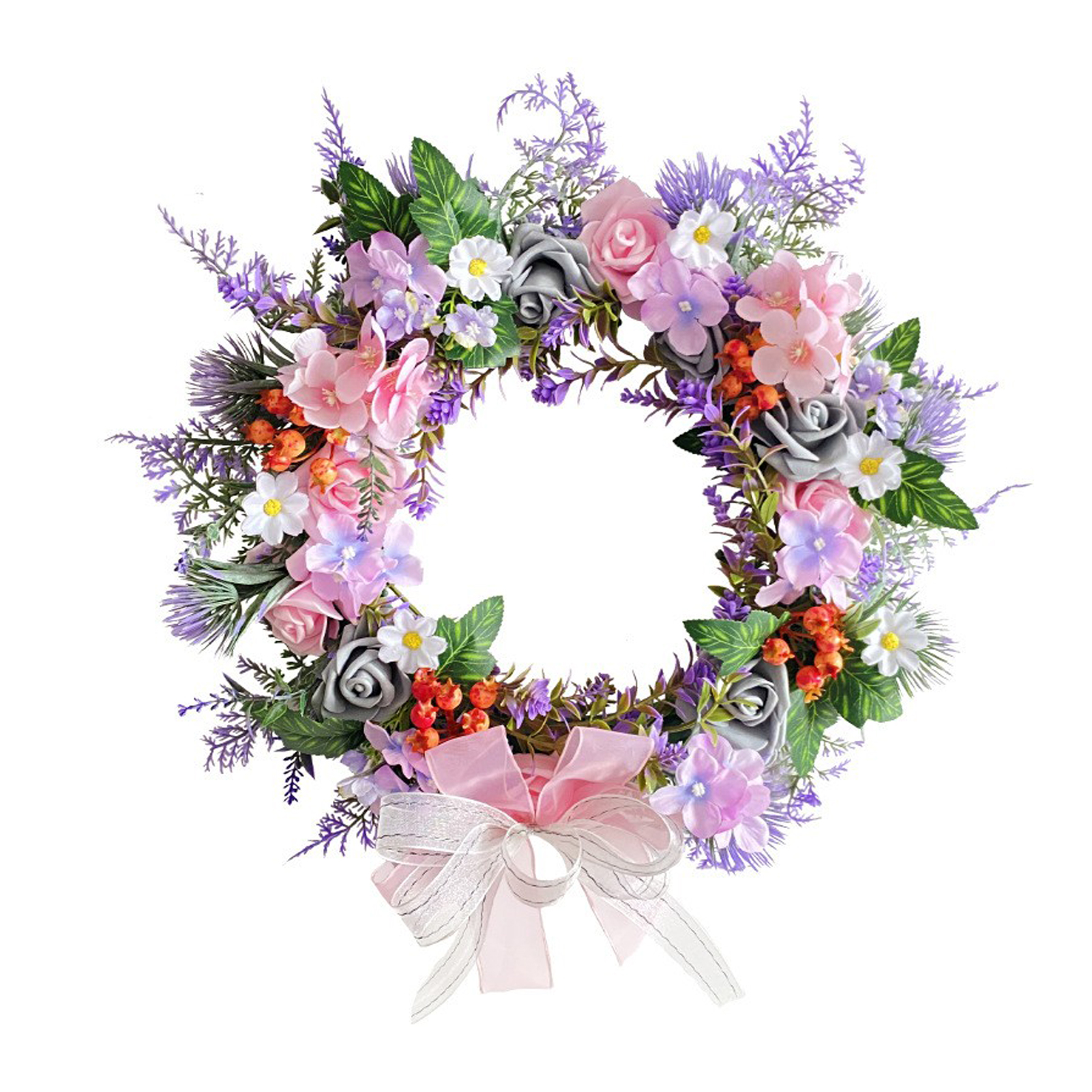 Künstlicher Blumenkranz 40 Cm, Schaumstoffrosen, Seidenblumen, Grüne Blätter, Lavendelzweige, Frühlings- Und Sommerkranz Für Haustür, Wand Oder Fenster