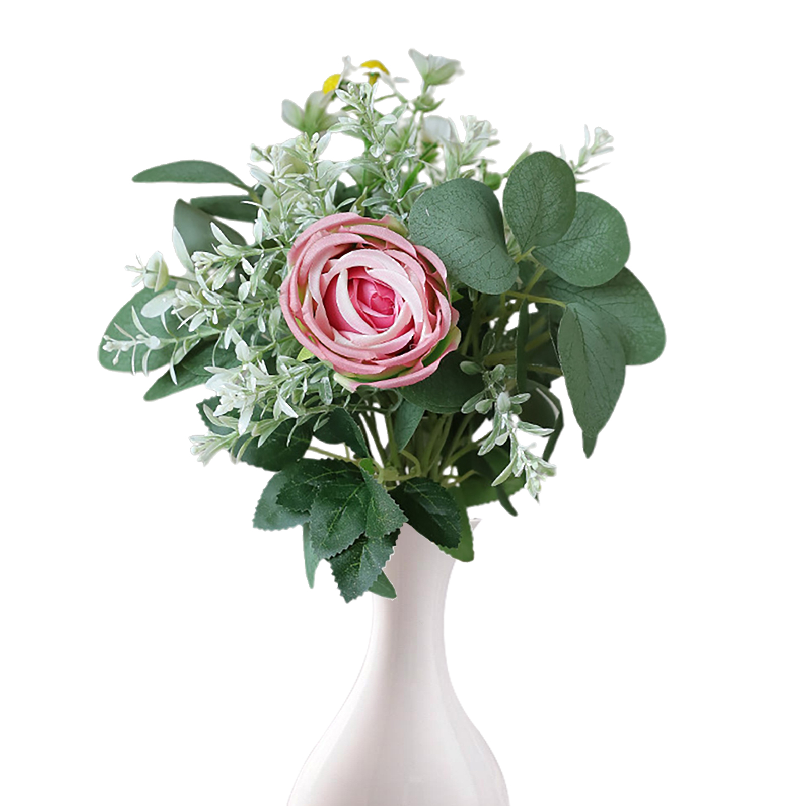 Strauß Aus Künstlichen Rosa Seidenrosen Und Eukalyptusblättern, Künstliche Blumendekoration Für Wohn- Und Esstisch