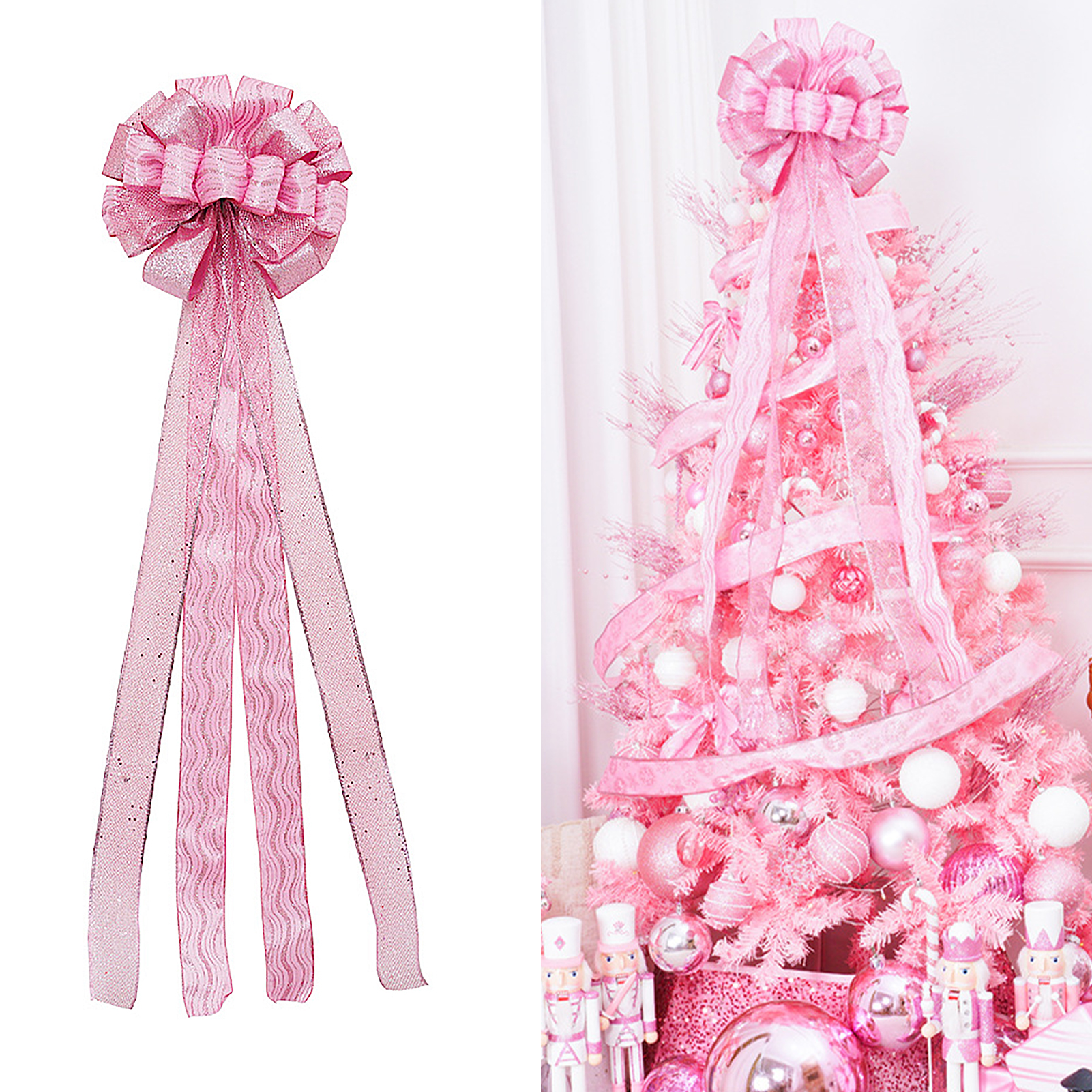 Weihnachtsbaum 10030cm Mit Schleife, Stern An Der Spitze, Bühnendekoration, Bedrucktem Band, Kranzdekoration (rosa)
