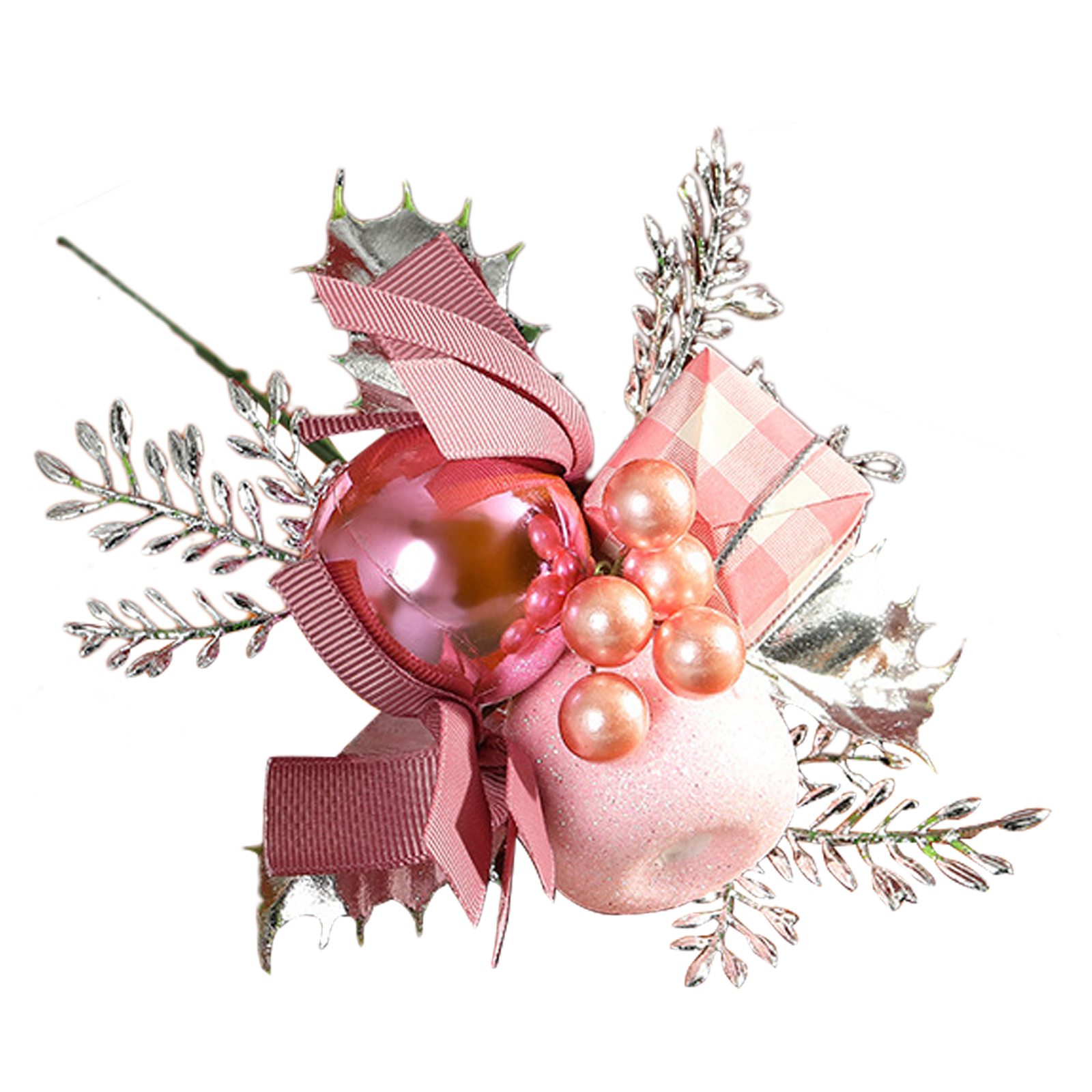 Rosafarbener Künstlicher Weihnachtsbaum, Attraktiver Und Funkelnder Tannenzweig Mit Geschenkbox, Tannenzapfen, Beeren Und Künstlichen Blättern Zur Dekoration Von Weihnachtskränzen.
