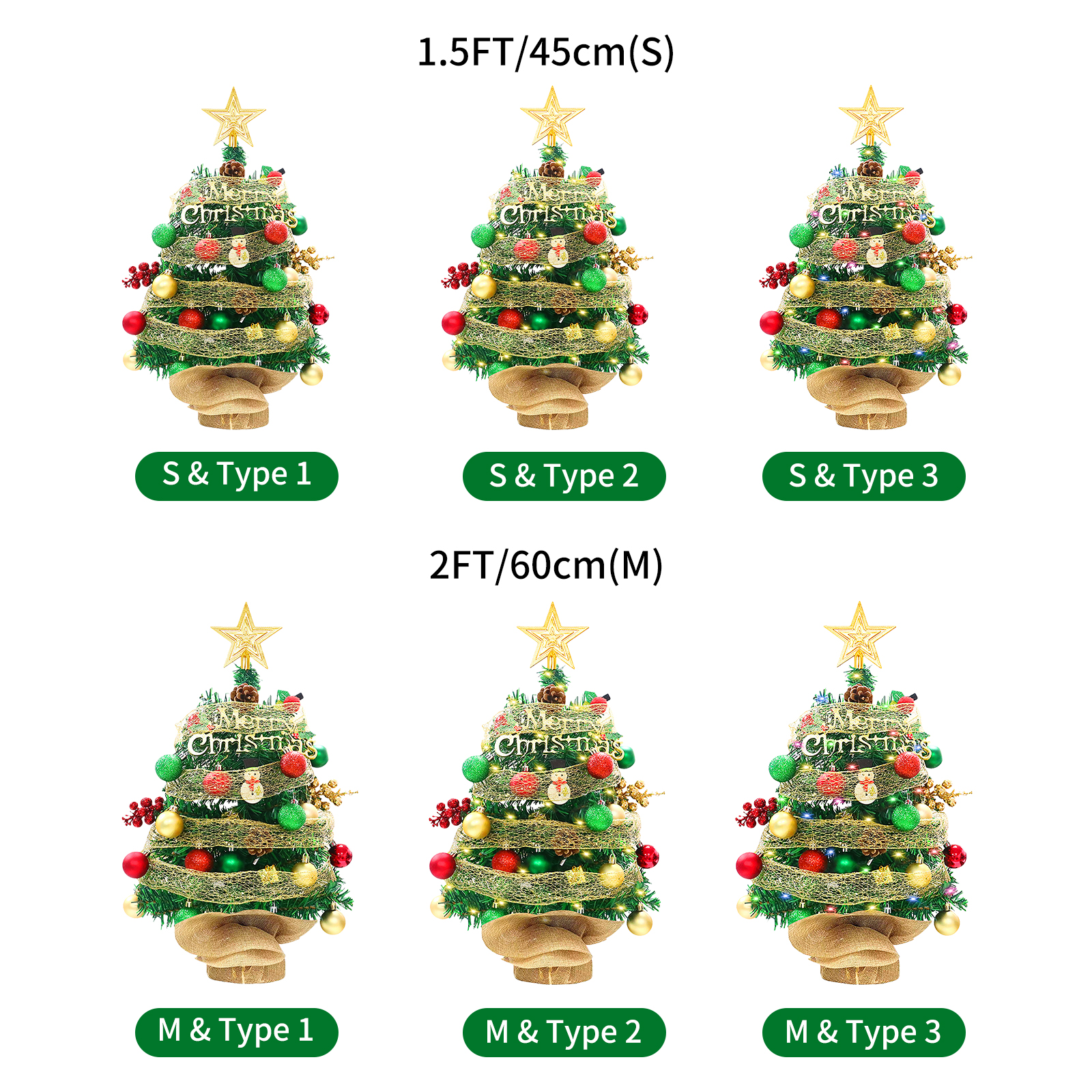 60 Cm Großer Led-tischweihnachtsbaum Mit Batteriebetriebener Led-lichterkette, Sternspitze, Roten Und Grünen Kugeln, Schleife, Künstlicher Mini-weihnachtsbaum Für Die Feiertage