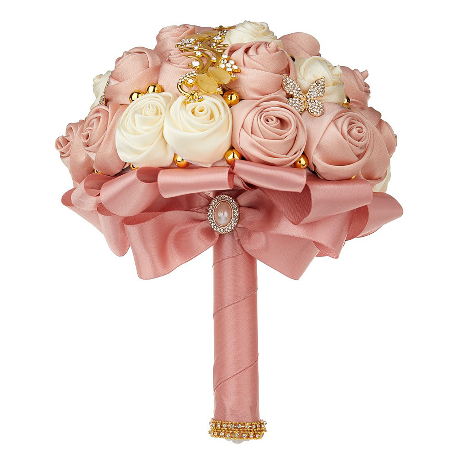 [rosa] Eleganter Rosa Brautstrauß Mit Rosen Und Satinband, Brautjungfernstrauß Mit Goldenen Schmetterlingen Und Strasssteinen