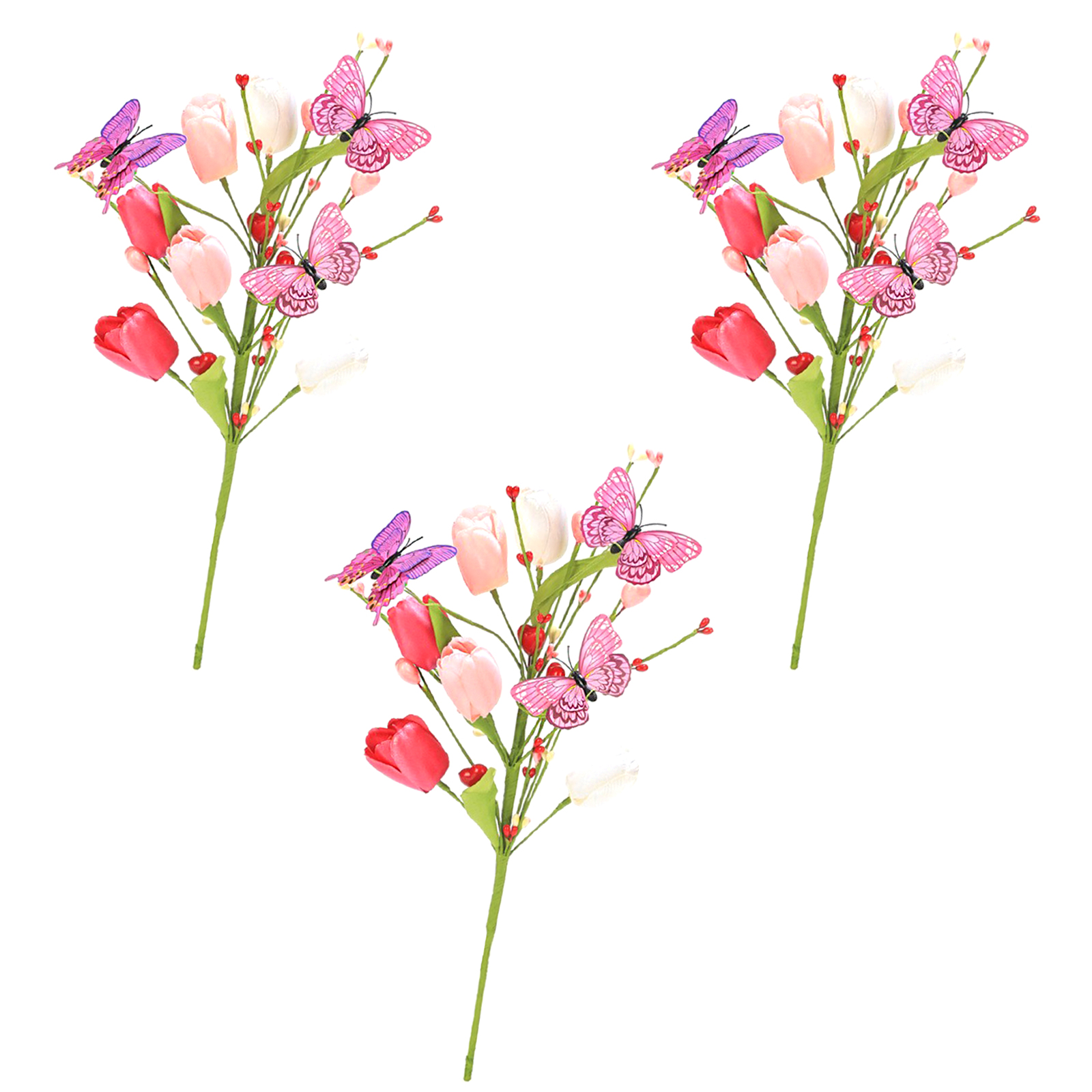 【schmetterlingstulpen-stecklinge (3 Stiele)】künstliche Tulpenstecklinge Für Die Frühjahr/sommer-hochzeitssaison, Mit Üppigem Laub Und Schmetterlingen Für Eine Gelungene Innendekoration.