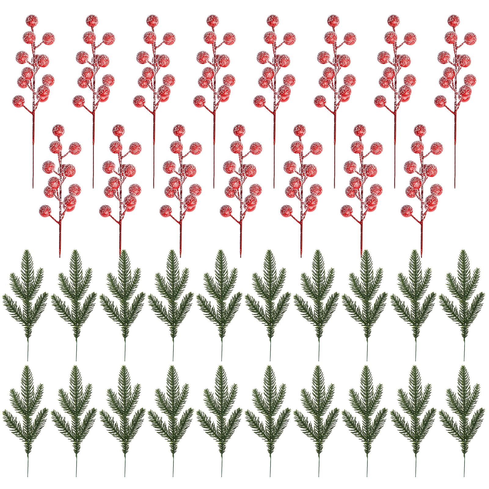 (kombination Aus 12 Einzelnen Roten Beeren, 15 Bereiften Zweigen Und 20 Einzelnen Weihnachtszweigen (stil C)) 35 Künstliche Kiefernnadeln, Kiefernzweige, Weihnachtsglasur Und Beerendekorationen