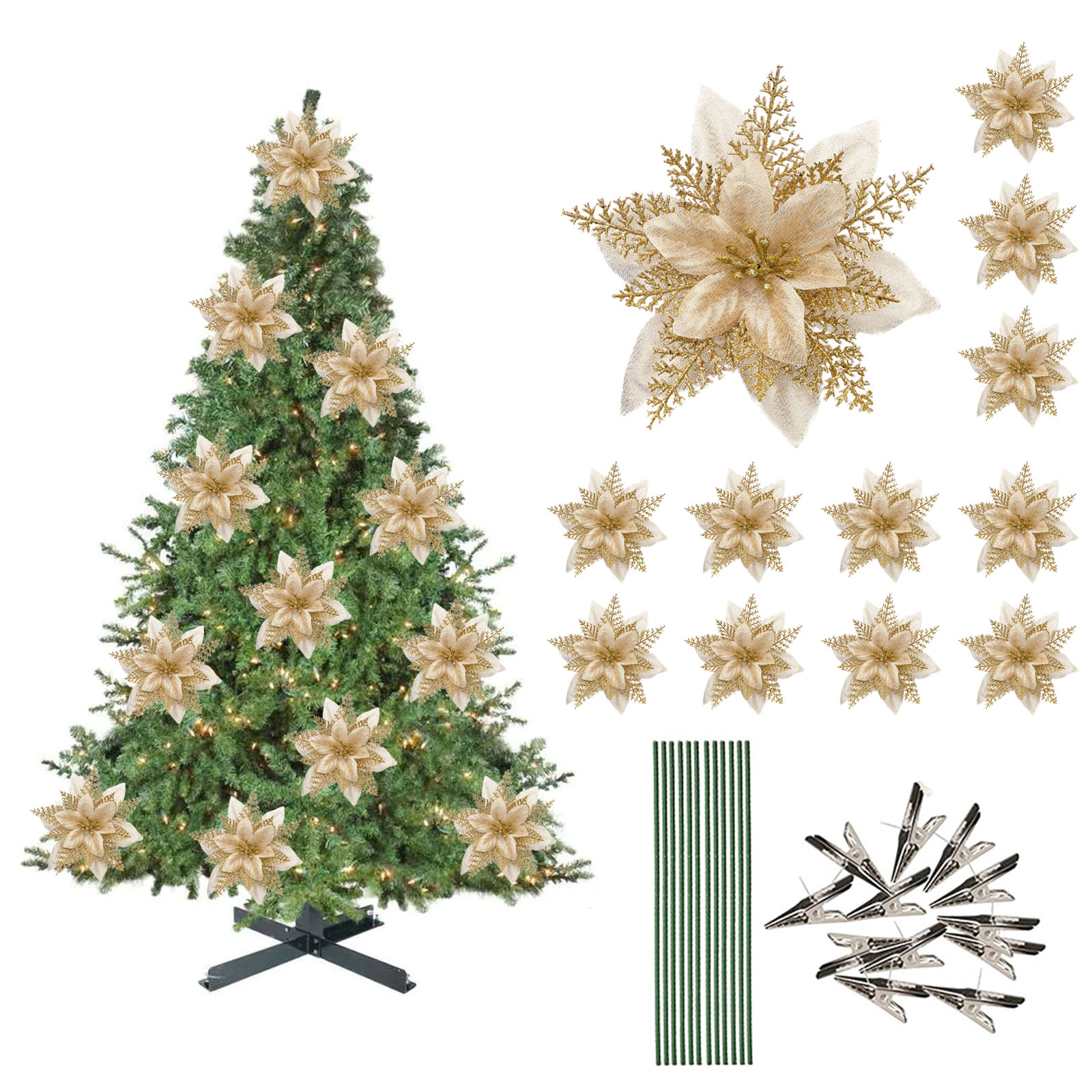 24 Künstliche Weihnachtsstern-anhänger Mit Glitzer, Verziert Mit Klammern Und Stielen In Rot Und Gold