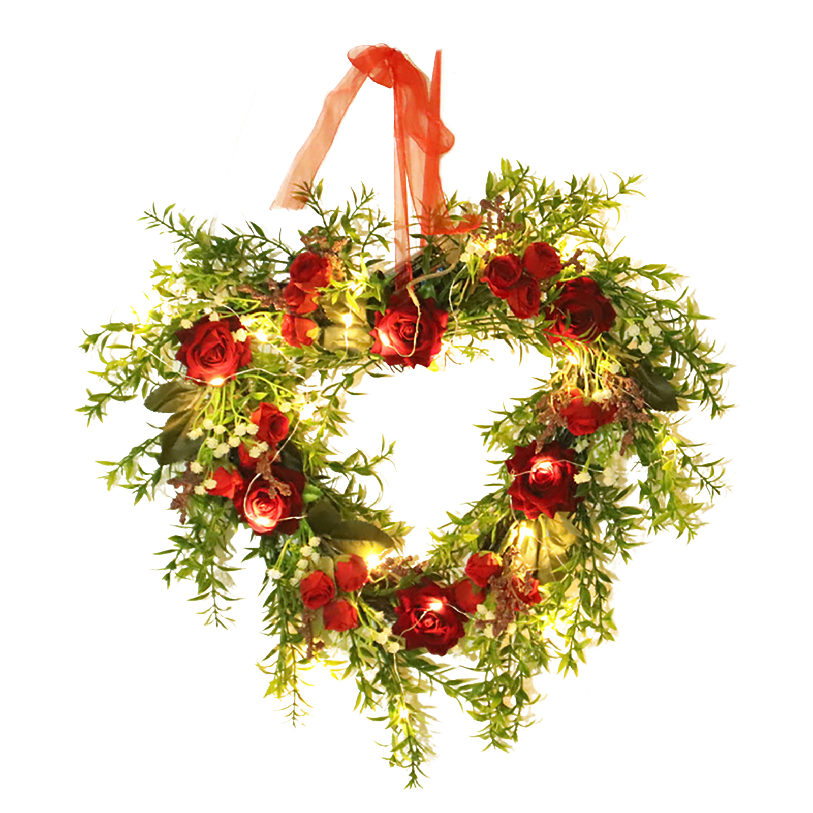 Herzförmiger Künstlicher Rosenkranz Mit Leichtem Band – Frühlingshafte Blumendekoration Für Haustür, Hochzeit, Foto-requisite – 40 Cm