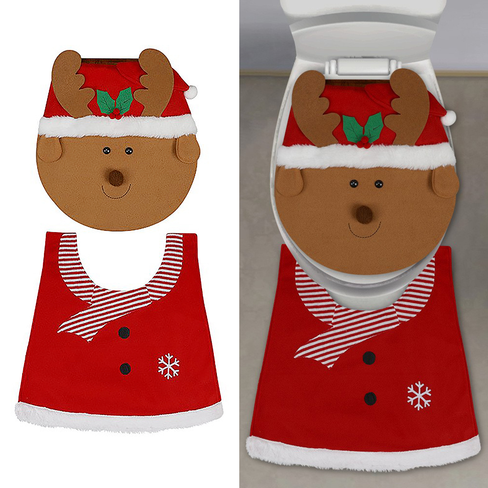 Kreatives Toiletten-set Mit Rentier-, Schneemann- Und Alten Menschenmotiven, Bestehend Aus Toilettensitz Und Fußmatte.