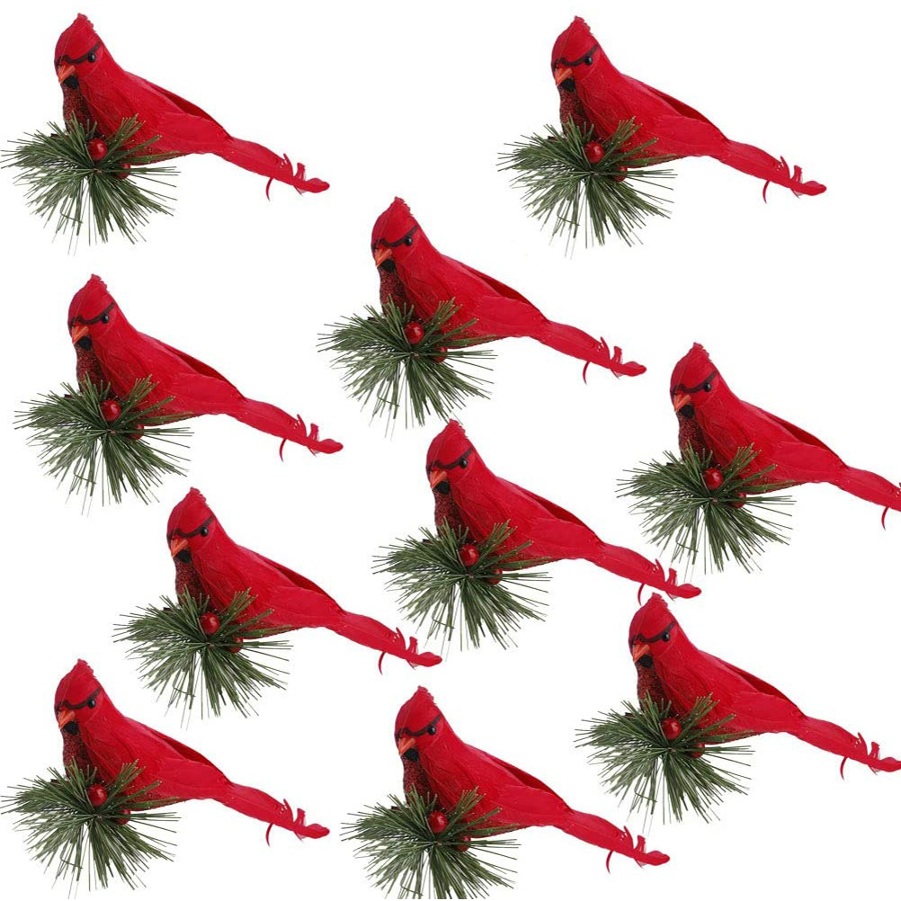 Set Mit 10 Künstlichen Schaumstoffvögeln, Verziert Mit Roten Kiefernzweigen, Mit Clips, Für Weihnachten, Hochzeiten Und Partys.