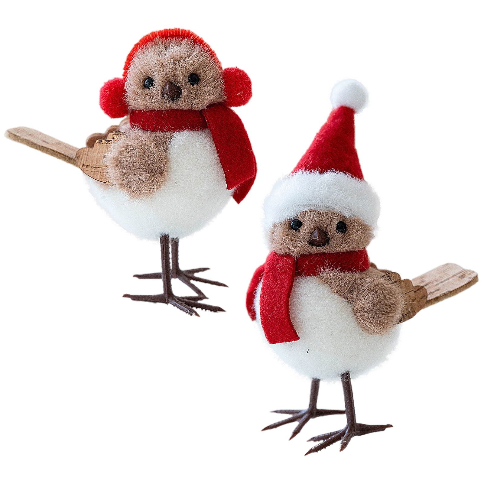 Set Aus 2 Dekorativen Künstlichen Schaumstoffvögeln Mit Rotem Hut Und Schal, Für Den Weihnachtsbaum Oder Als Innendekoration (varianten B Und C).