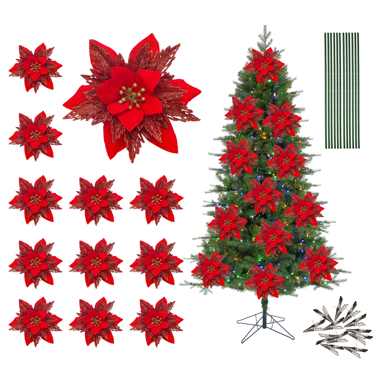 Set Mit 12 Künstlichen Roten Weihnachtsbaumblüten, Inklusive Stielen Und Clips, Ideal Für Festliche Dekorationen.