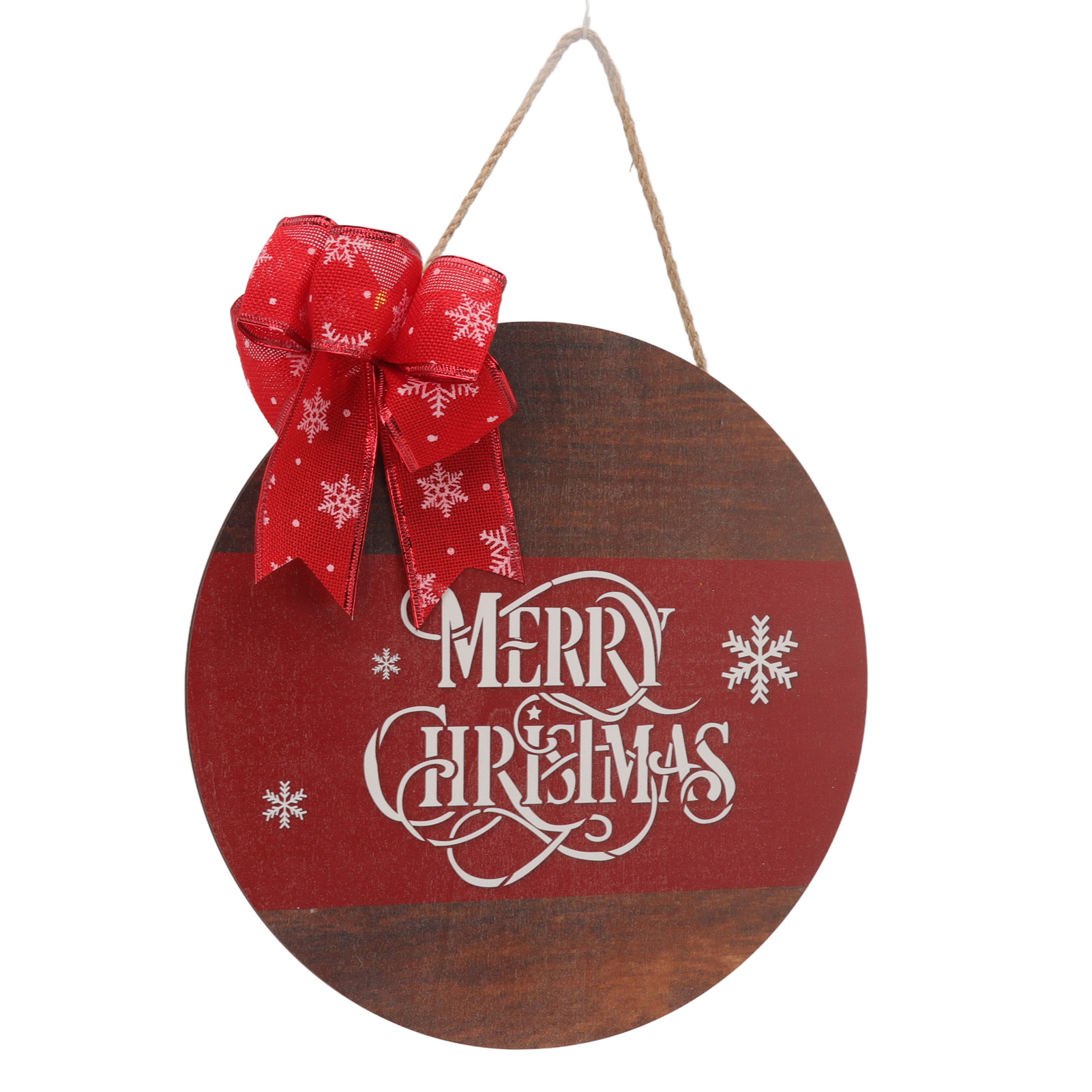 Runde Türdekoration Aus Holz Mit Seil, Verziert Mit Einem Hängenden Weihnachtsschild.