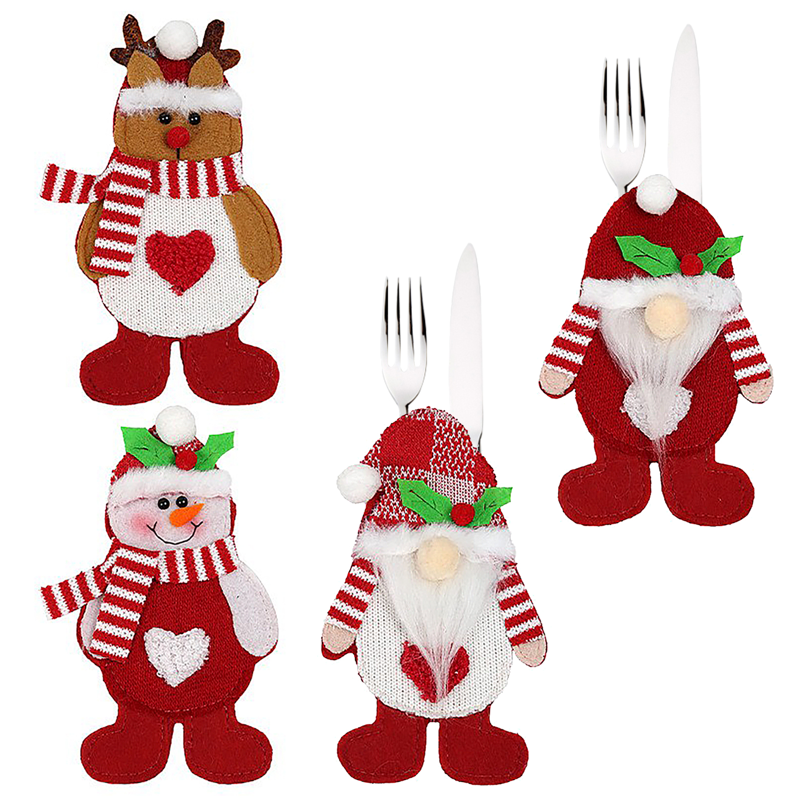 Ensemble De Couverts De Noël (4 Teile), Motiv Père Noël, Bonhomme De Neige Et Renne, Tischdekoration Für Noël.