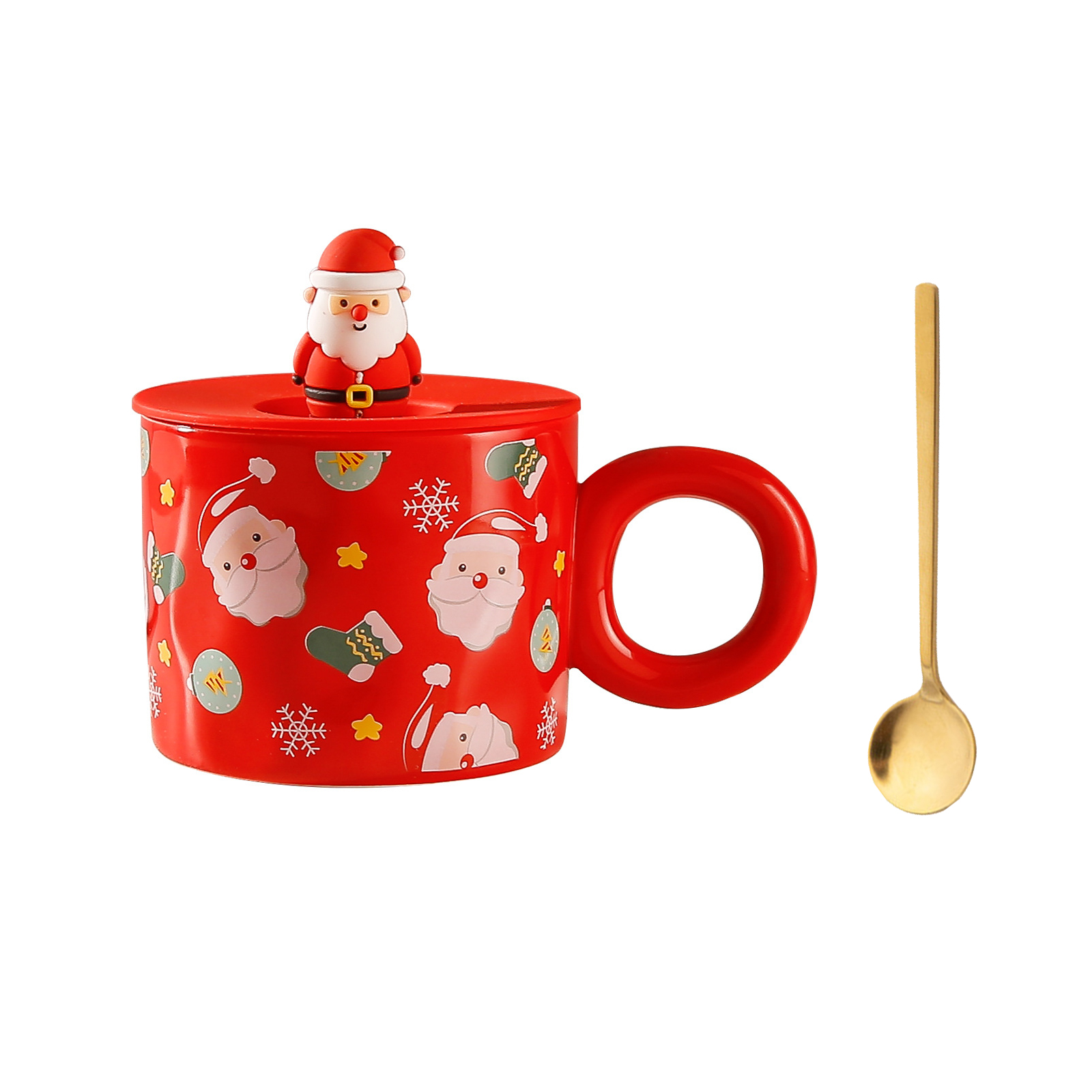Weihnachtsbecher Aus Keramik (rot Mit Löffel- Und Blasenmuster), Großes Fassungsvermögen, Mit Deckel Und Löffel. Ideal Als Weihnachtsgeschenk (15,5 X 8 Cm). Material: Keramik.
