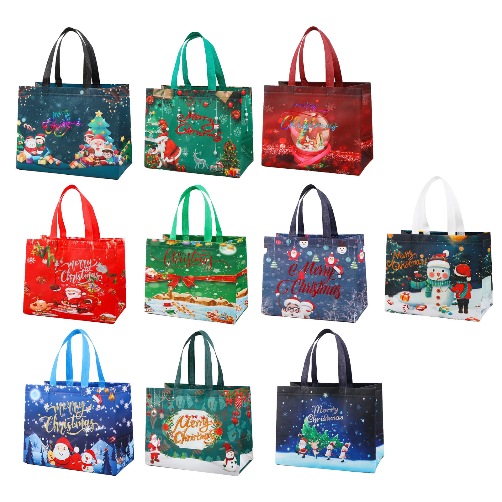 Set Mit 10 Weihnachtsgeschenktüten Mit Henkeln - Multifunktionale Vliestaschen Zum Verpacken Von Geschenken Und Zum Einkaufen.