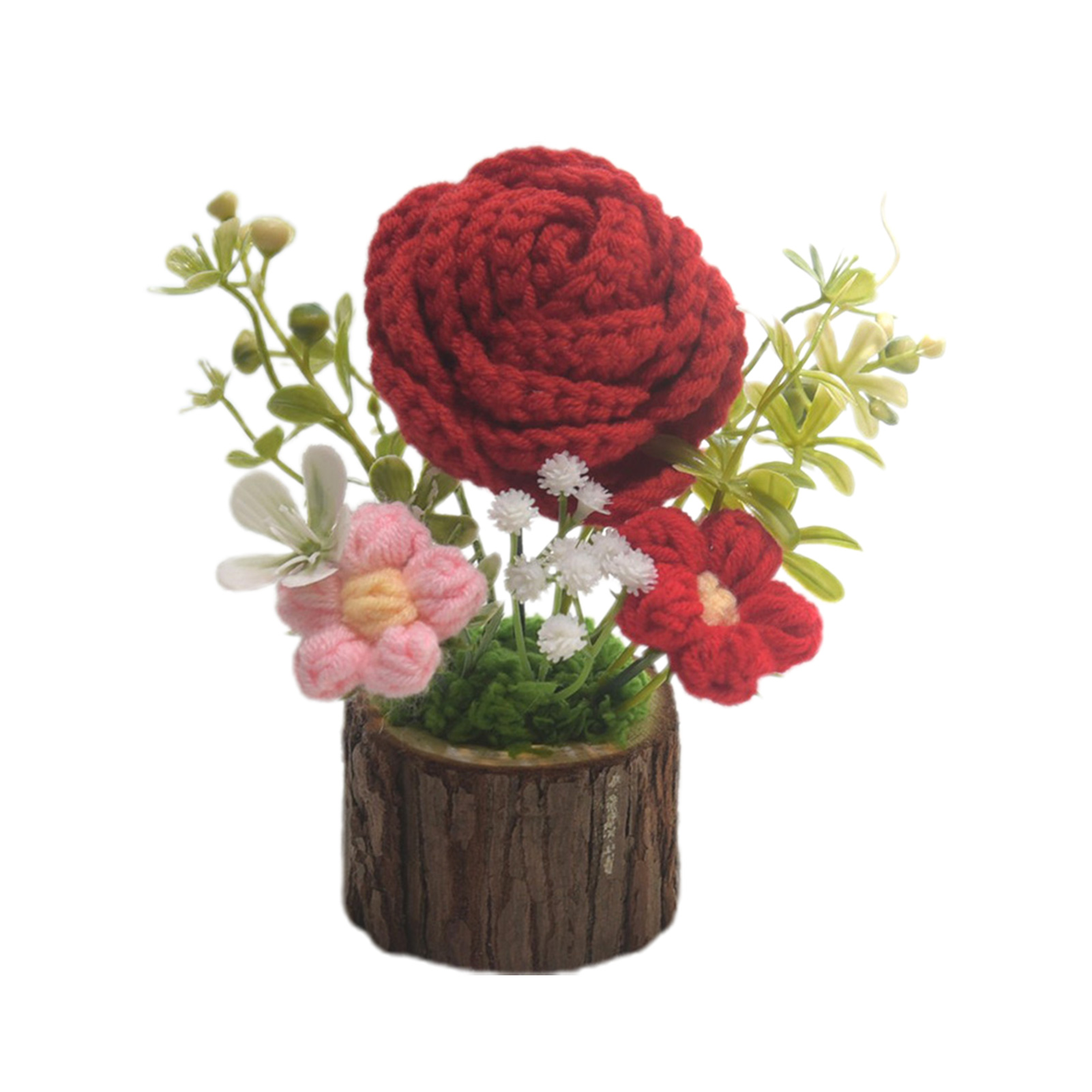 [127 Rote Rosen Im Topf] Handgefertigte Blumendekoration Im Topf, Handgewebt - Künstliche Gestrickte Und Gehäkelte Rose