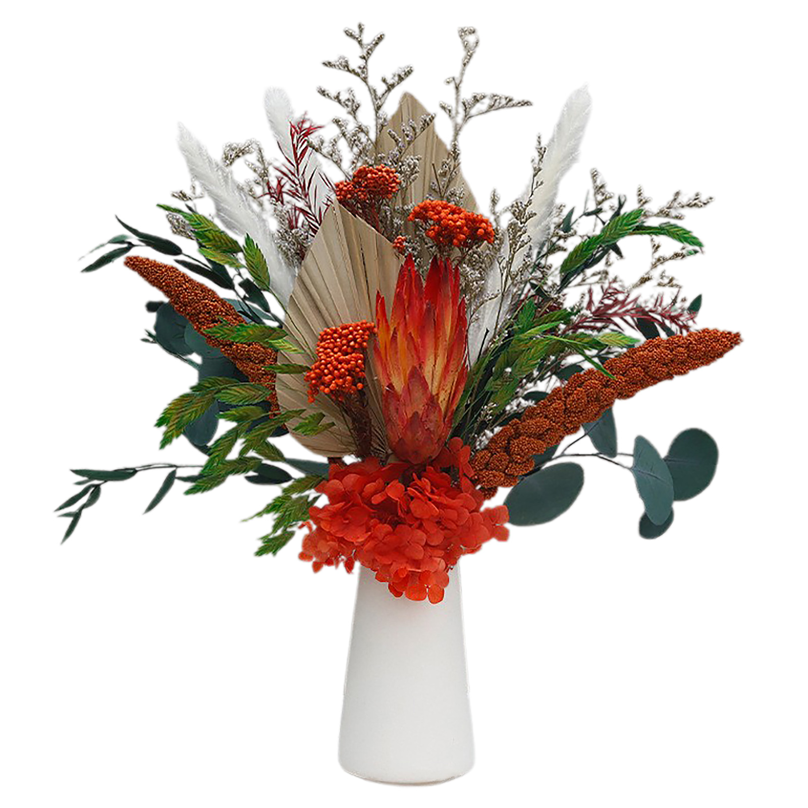 【【ch-098】001 (mit Vase)】schneelotus-trockenblumenstrauß, Fächerförmiger Strauß, Eukalyptusblätter Gemischt Mit Rot, Hochwertige Vase Für Echte Blumen, Fertige Heimdekoration.