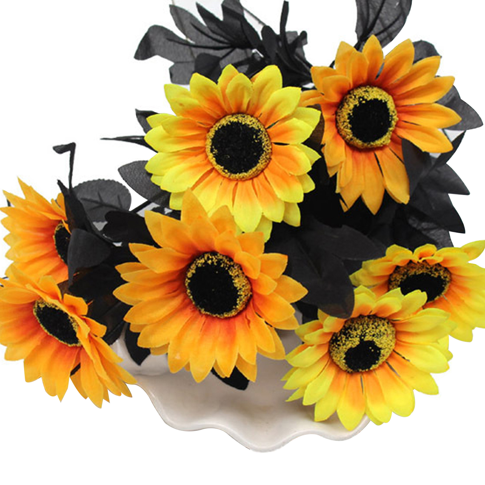 (6 Stück Pro Packung) (einzelner Schwarzer Stiel) Künstliche Halloween-sonnenblume, Schwarze Blätter, 41 Cm Hoch, 10 Cm Durchmesser