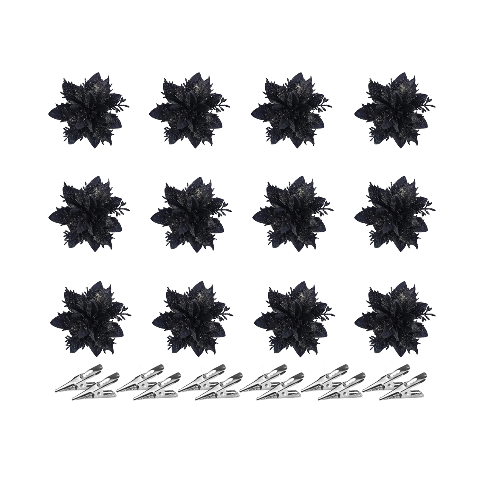 Set Mit 12 Realistischen Goldblumen Mit Clips, Zubehör Für Kranz- Und Weihnachtsbaumschmuck (schwarz).