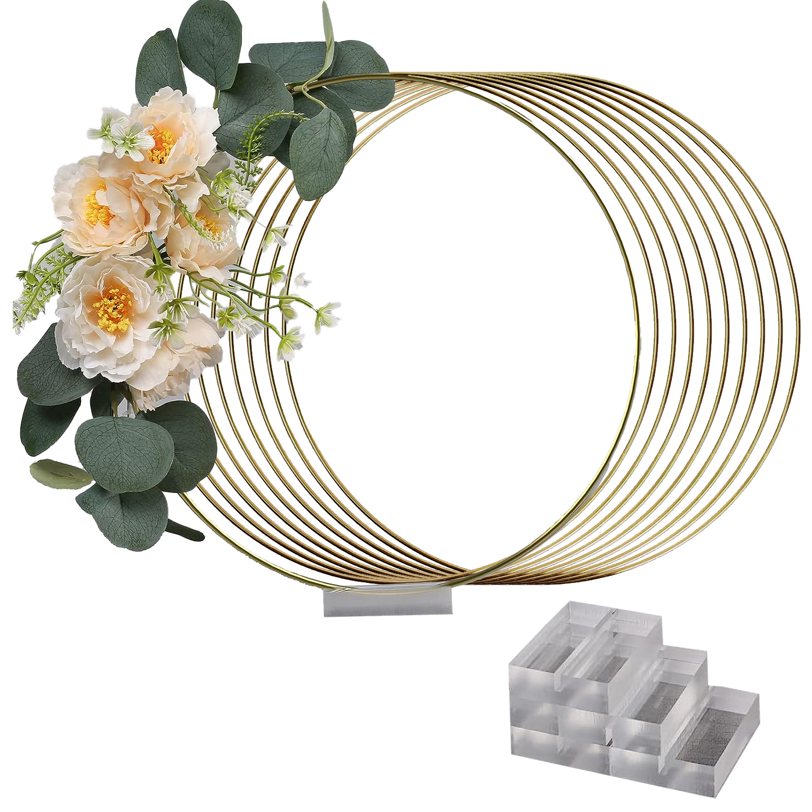 (set Mit 10 Teilen) (blumen Nicht Enthalten) 30 Cm Goldener Metallkranz, Tischdekoration Für Hochzeiten, Handgefertigtes Accessoire Zum Blumenbinden, Bemalter Kranz Mit Acrylbasis.