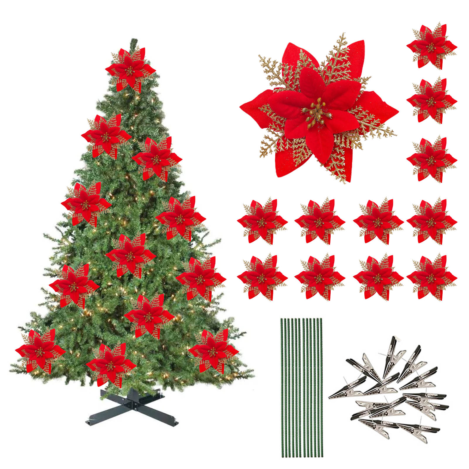 Set Mit 12 Weihnachtsbaumdekorationen: Künstliche Weihnachtssterne, Glitzerblumen Mit Clips, Rote Und Goldene Stiele.