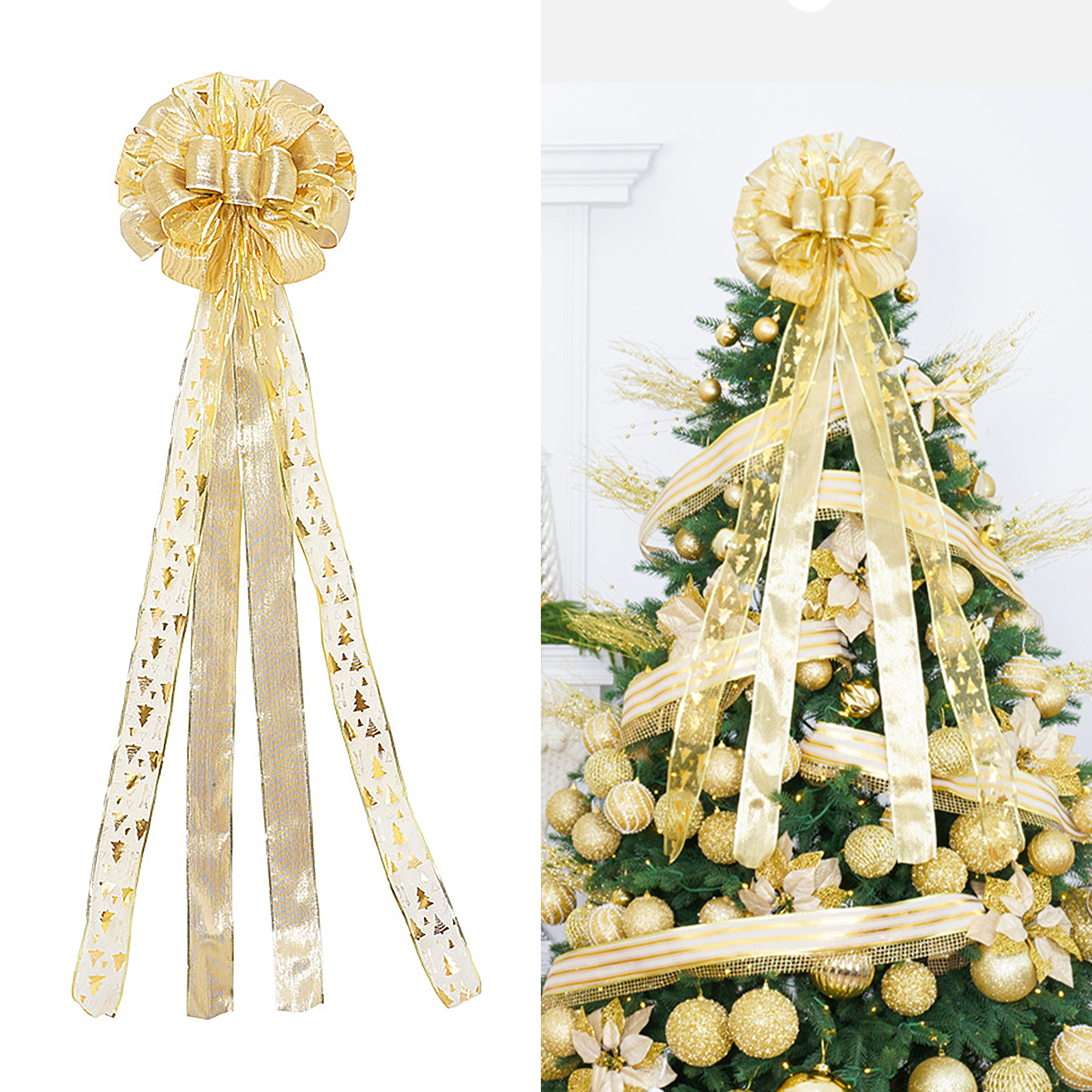 Weihnachtsbaum 10030cm Mit Schleife, Stern An Der Spitze, Bühnendekoration, Bedrucktem Band, Kranzdekoration (gold)
